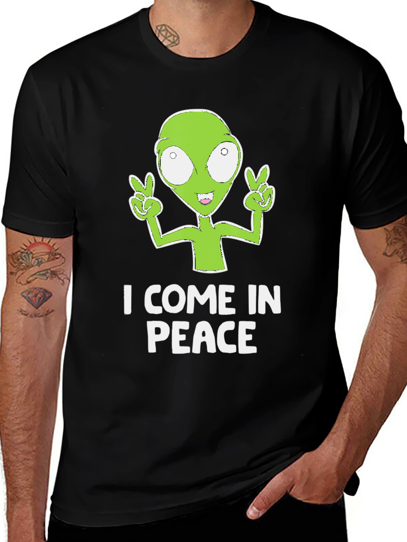 Variant 10 of I Come in Peace Alien Graphic Tee - Black