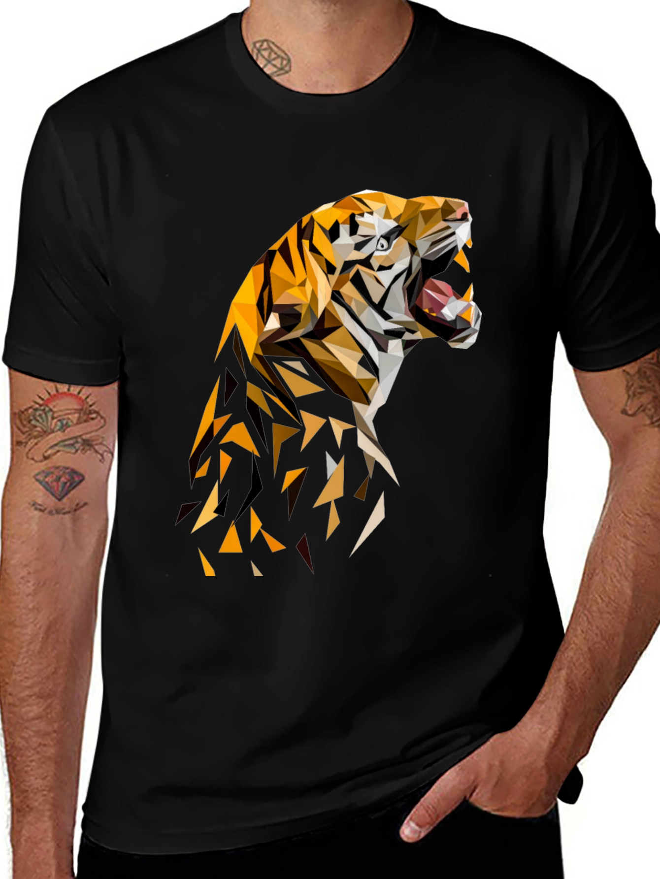 Variant 7 of Geometric Tiger Graphic Print Black T-Shirt