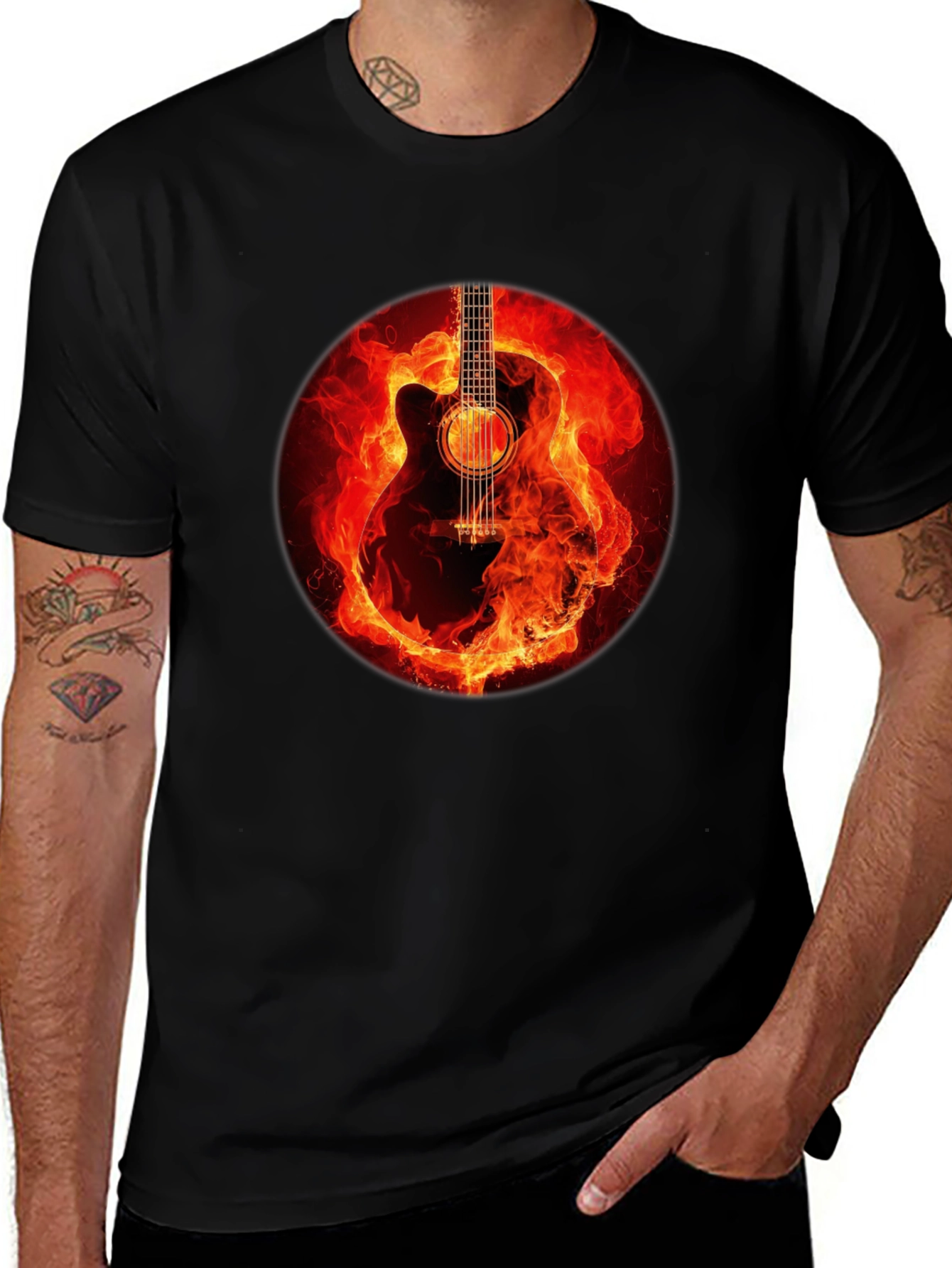 Variant 17 of Fiery Guitar Graphic Tee - Black Cotton Blend