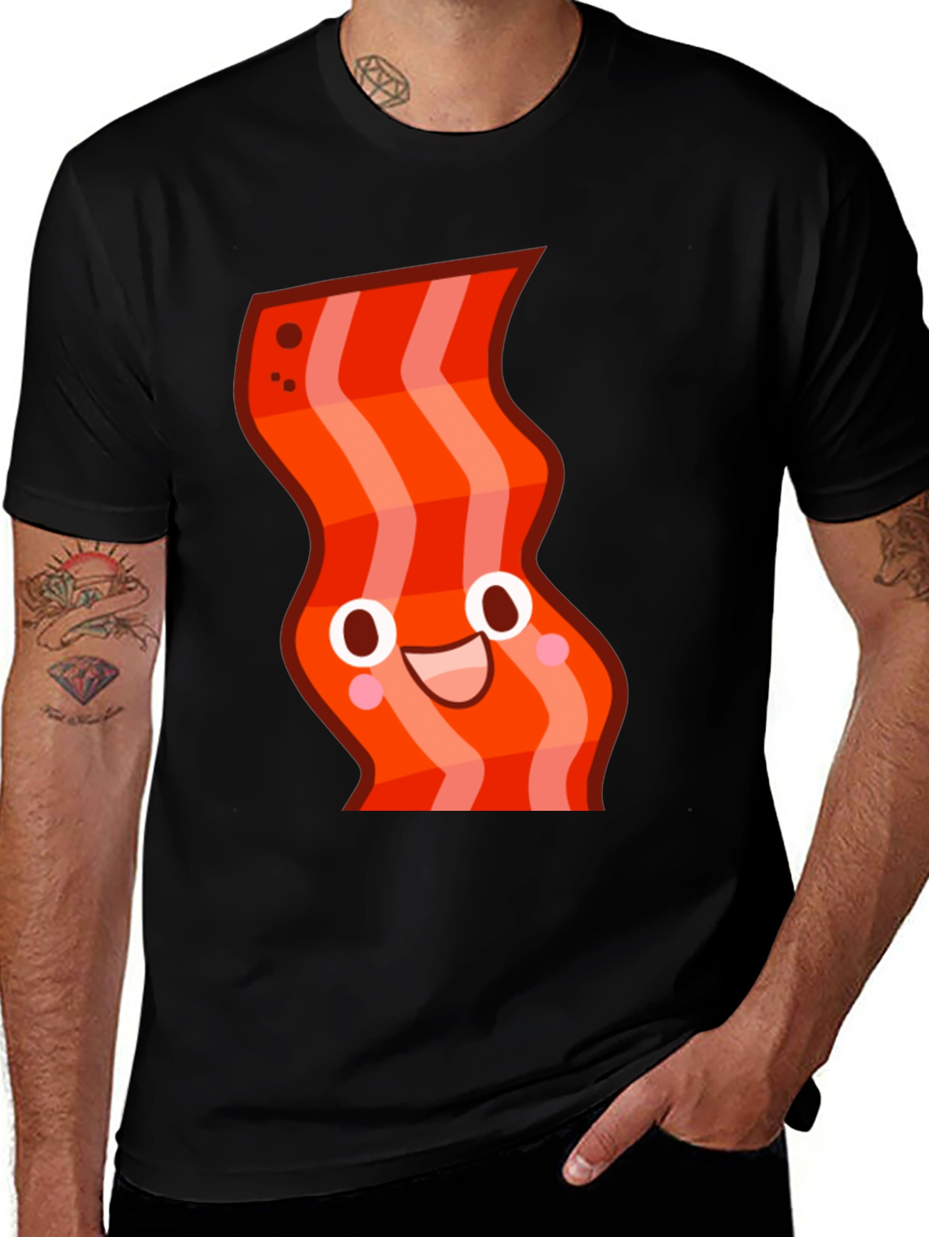 Variant 27 of Funny Bacon Cartoon Graphic Black T-Shirt