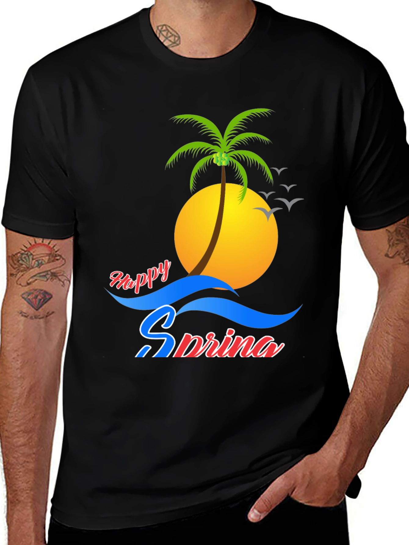 Variant 29 of Happy Spring Black Tee - Palm Tree Design