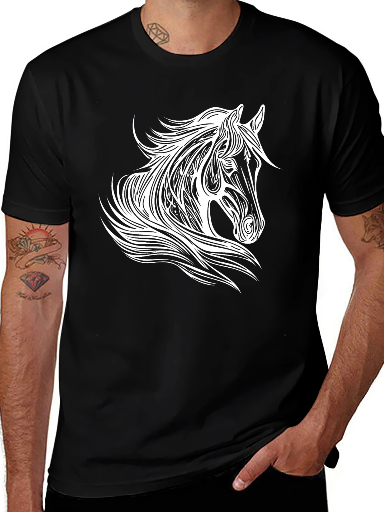 Variant 20 of Black T-Shirt with White Horse Graphic