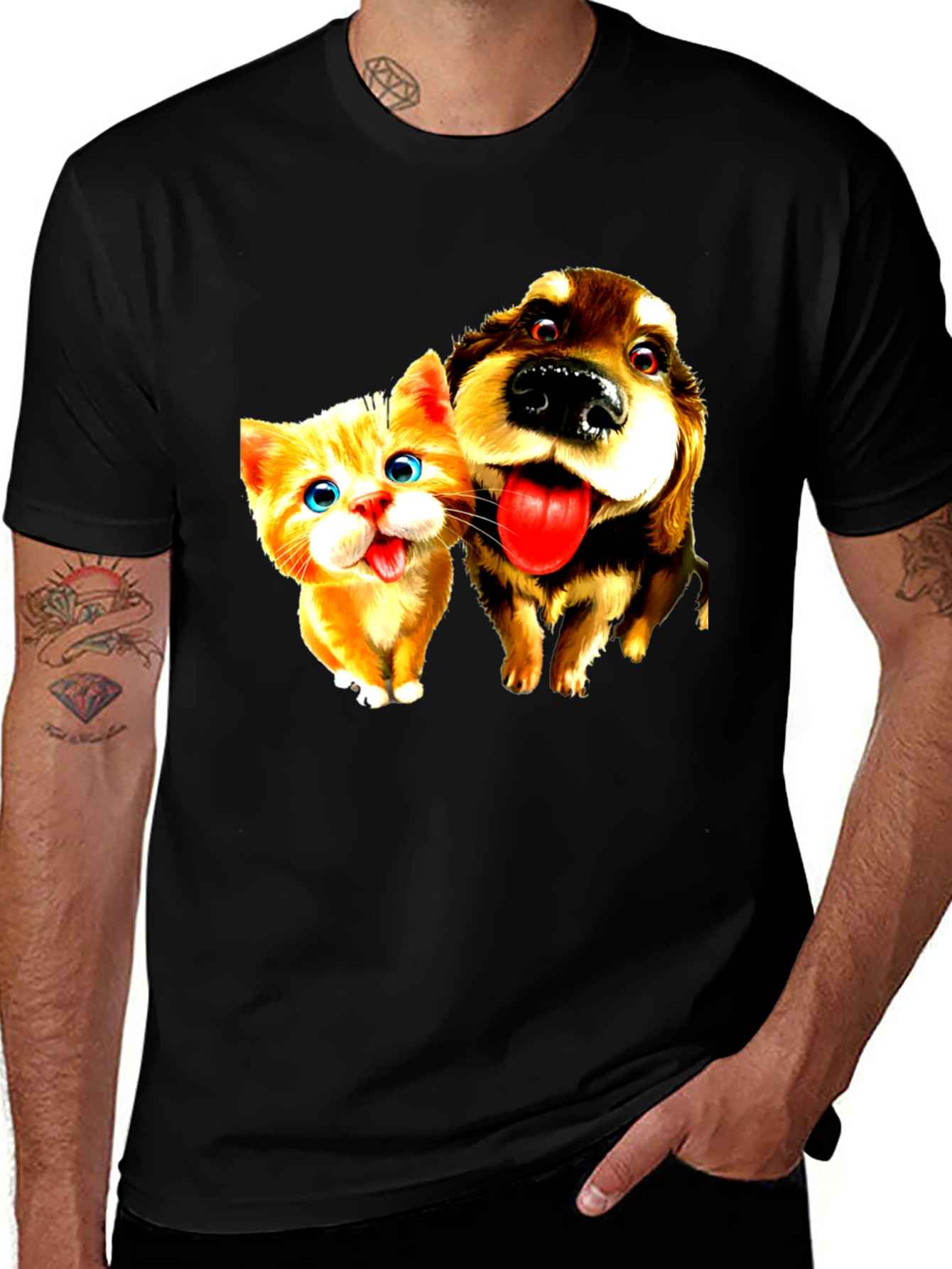Variant 29 of Dog & Cat Cartoon Graphic Black T-Shirt