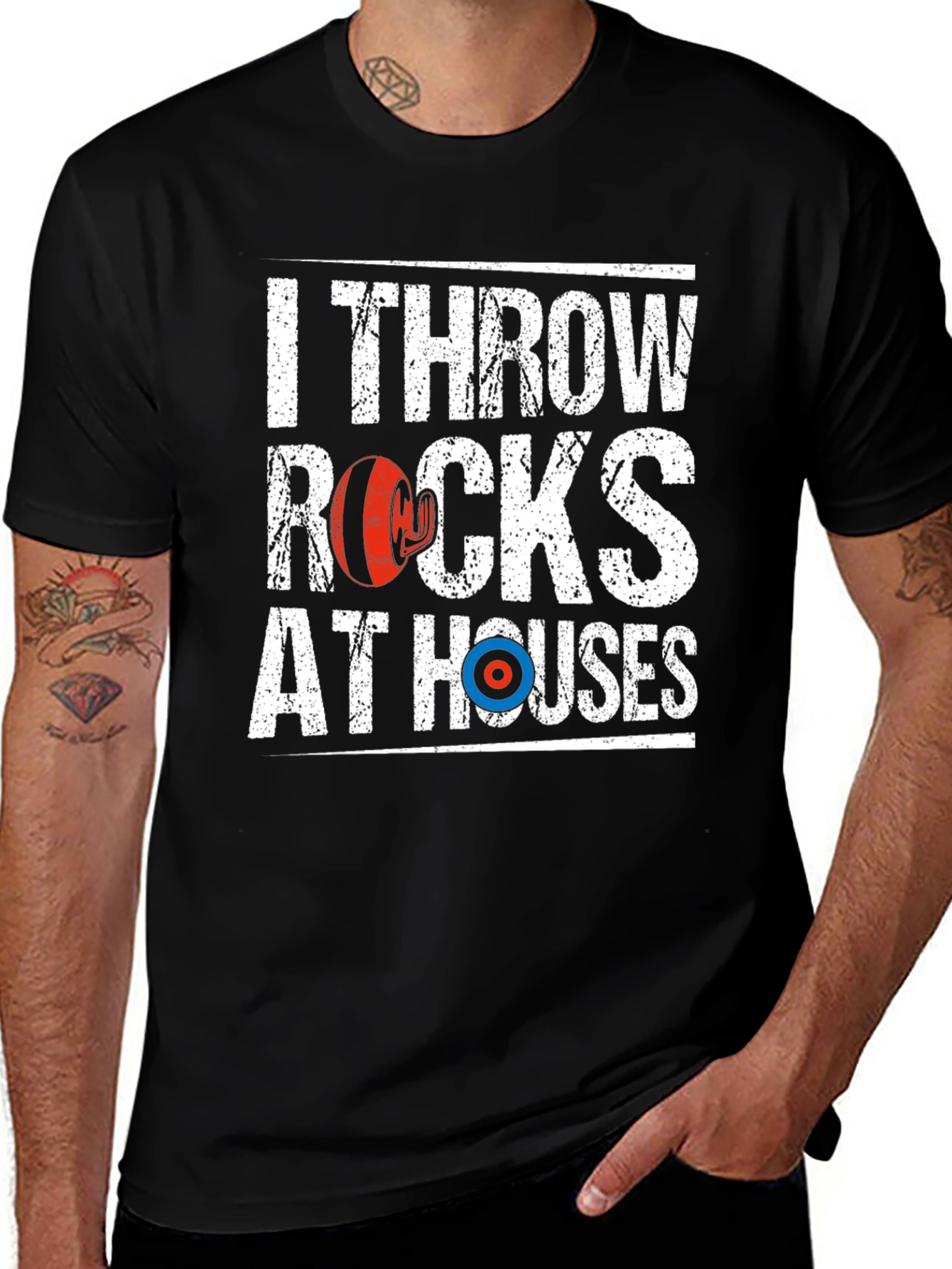 Variant 25 of I Throw Rocks at Houses Funny Curling T-Shirt