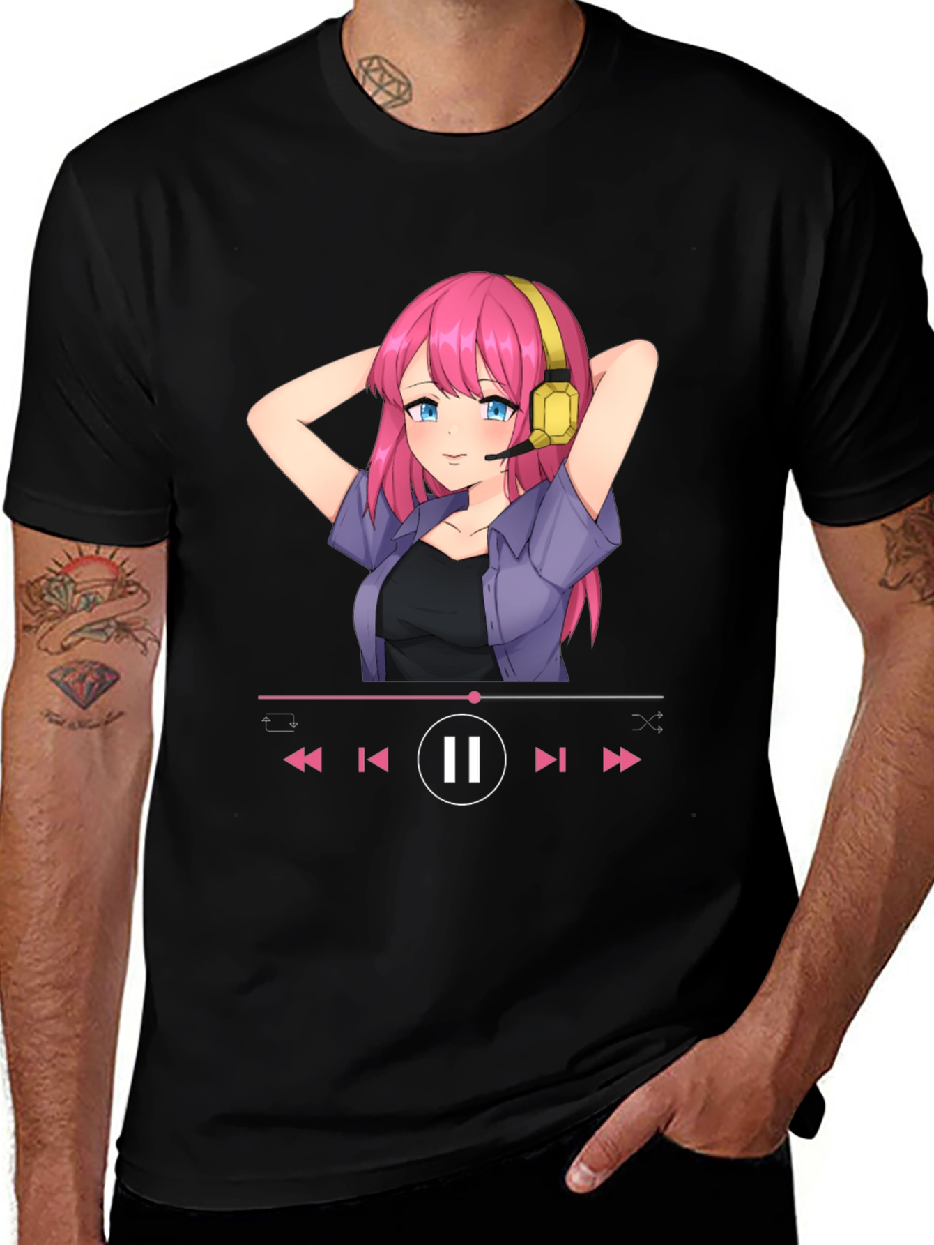 Variant 8 of Anime Girl Music Player Graphic Tee - Black T-Shirt