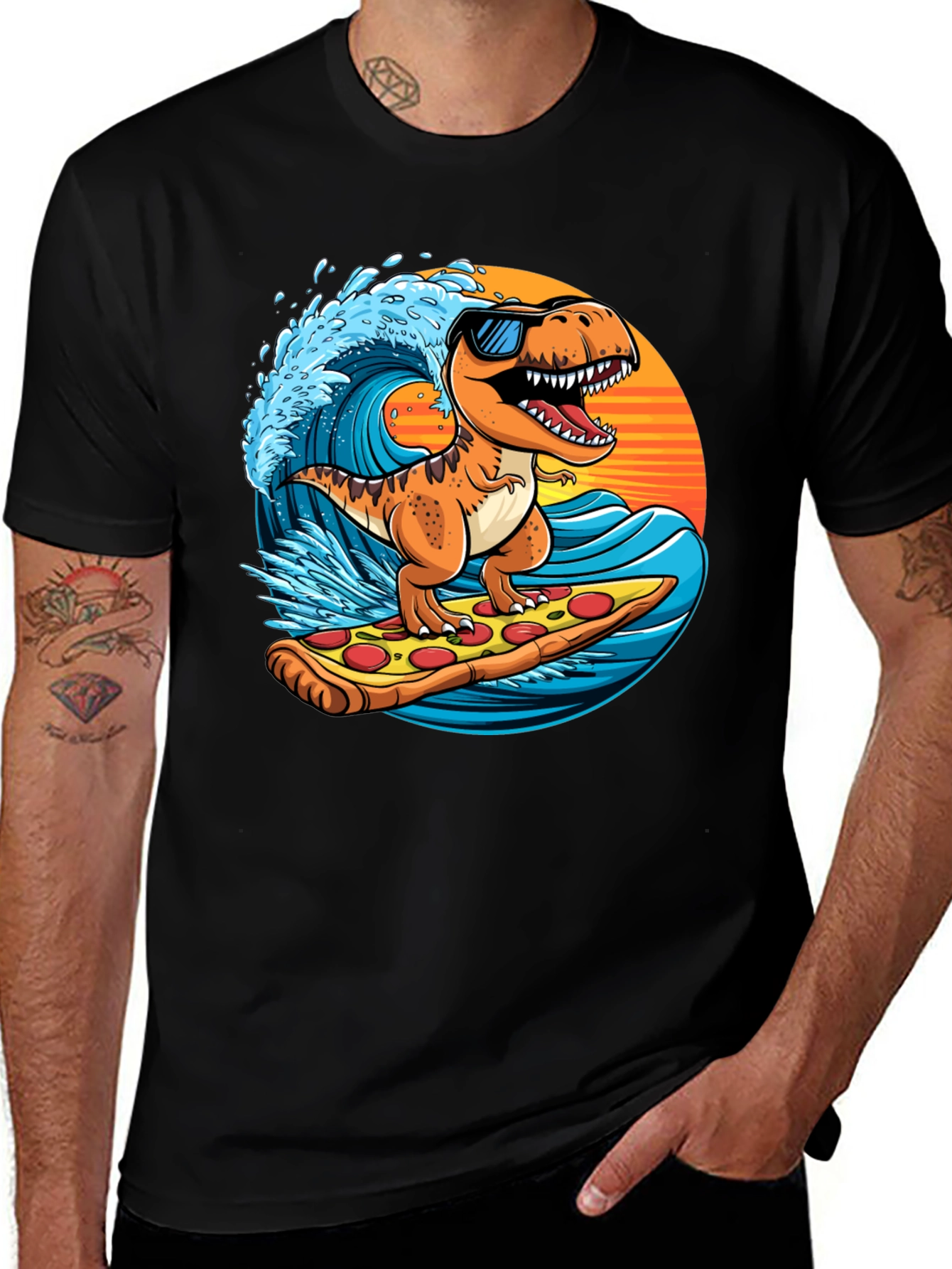 Variant 15 of Dino Surfing Pizza Slice Tee