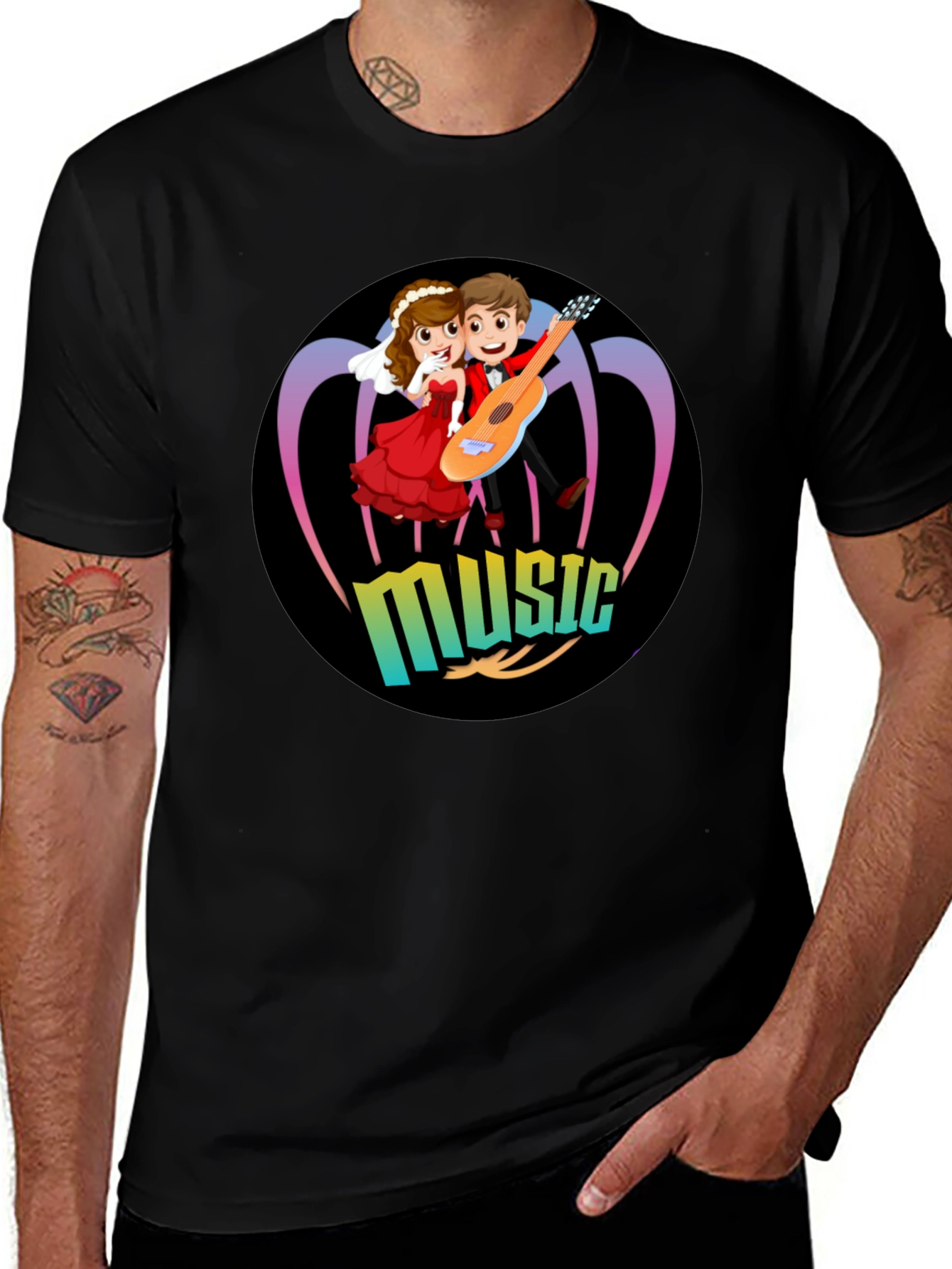 Variant 5 of Cartoon Music Couple Black T-Shirt