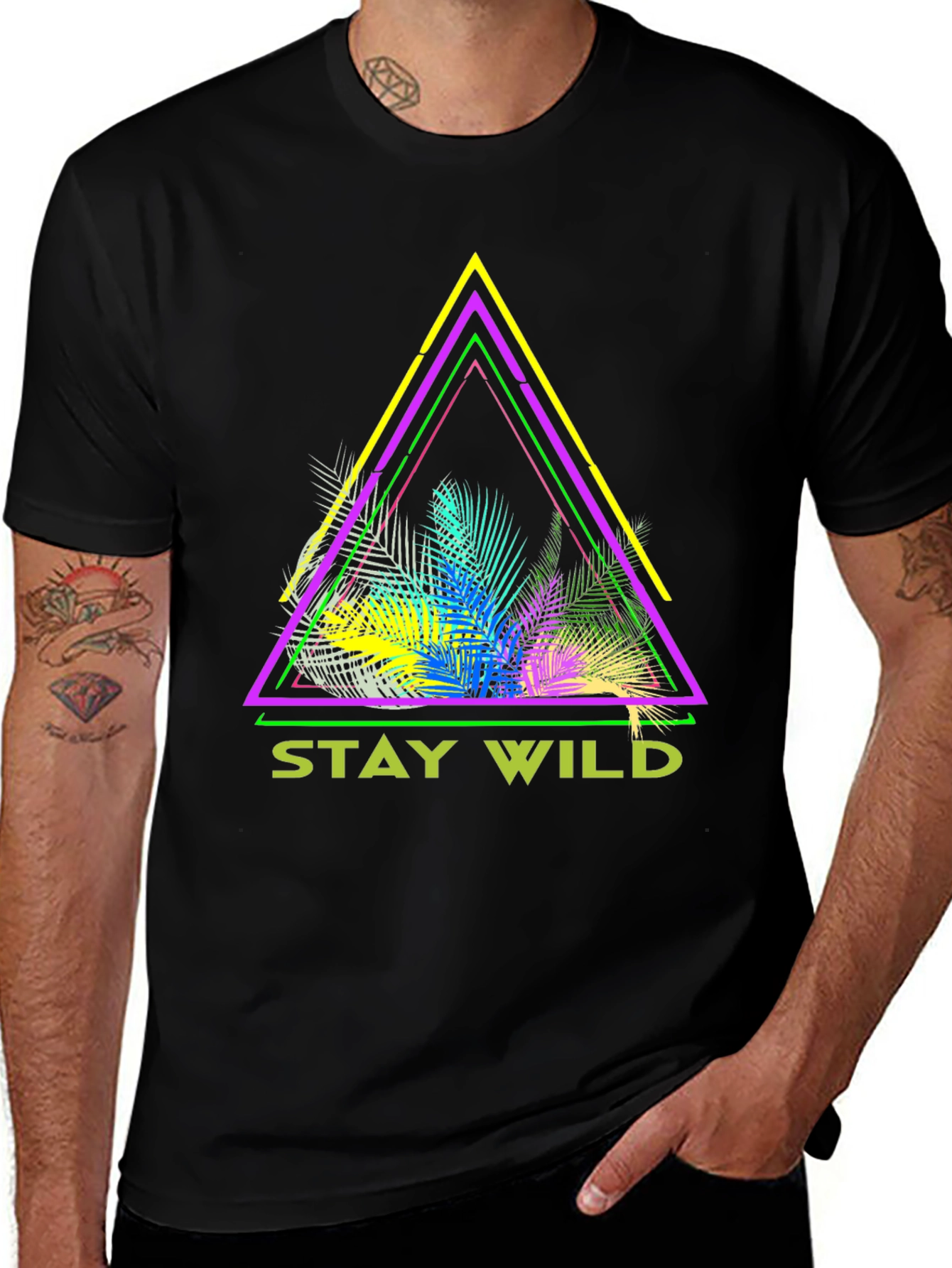 Variant 25 of Stay Wild Graphic Tee - Neon Tropical Triangle Design