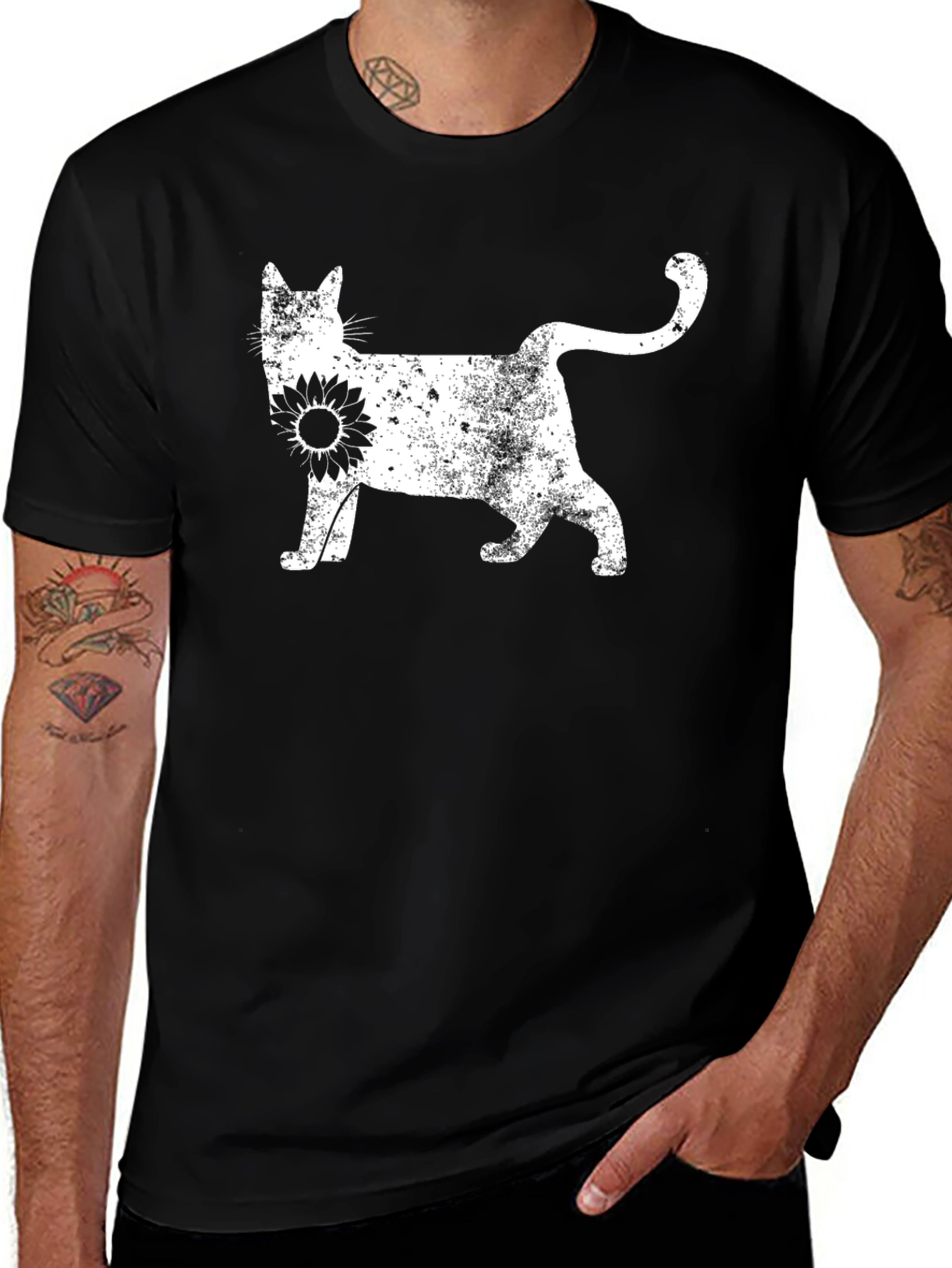 Variant 8 of Cat Sunflower Graphic Tee - Black