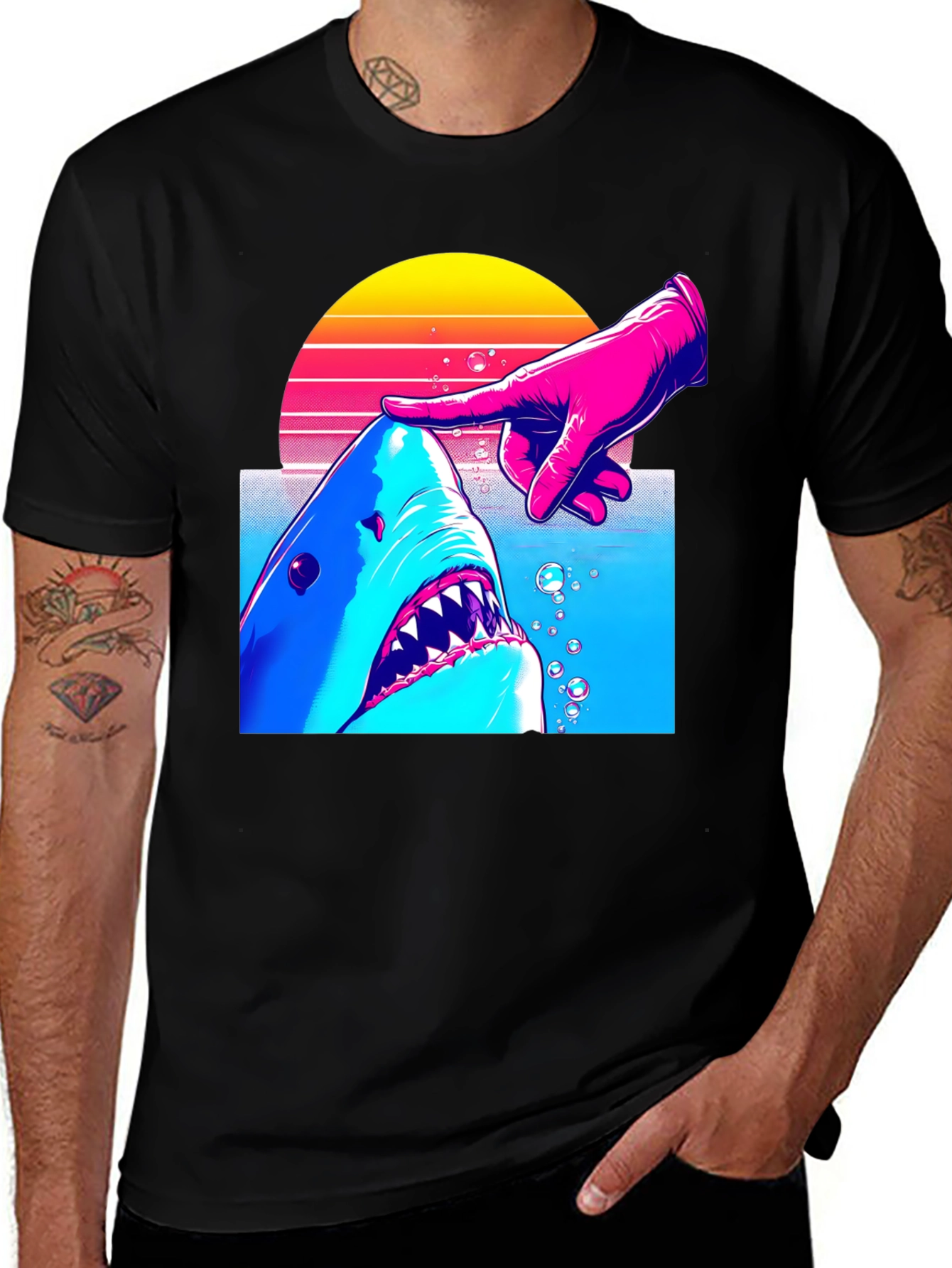 Variant 4 of Shark and Finger Graphic Tee - Retro Style