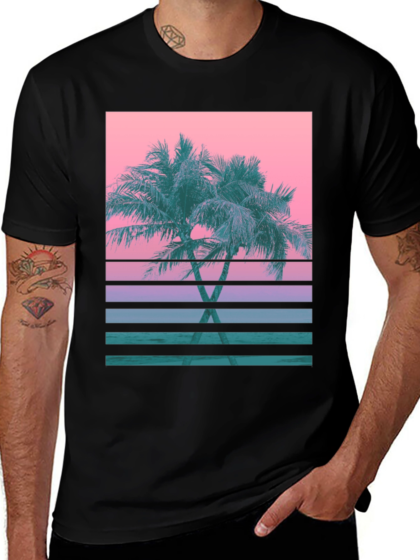 Variant 17 of Retro Palm Sunset T-Shirt - Black Cotton Blend