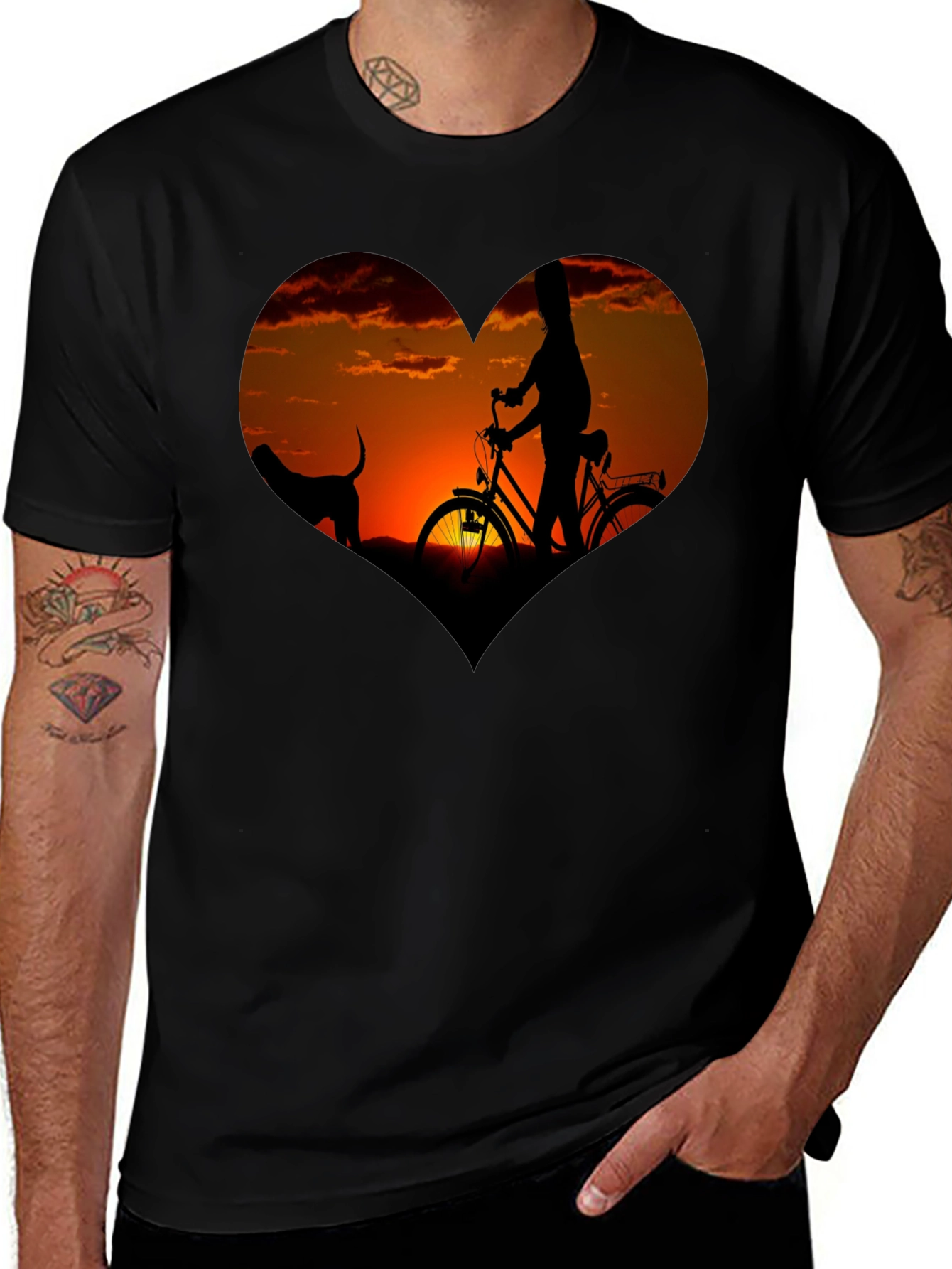 Variant 29 of Sunset Heart Graphic T-Shirt - Biking & Dog
