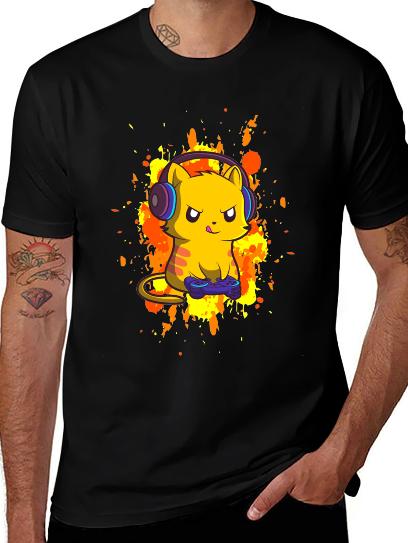 Variant 10 of Gamer Cat Black T-Shirt - Cartoon Design