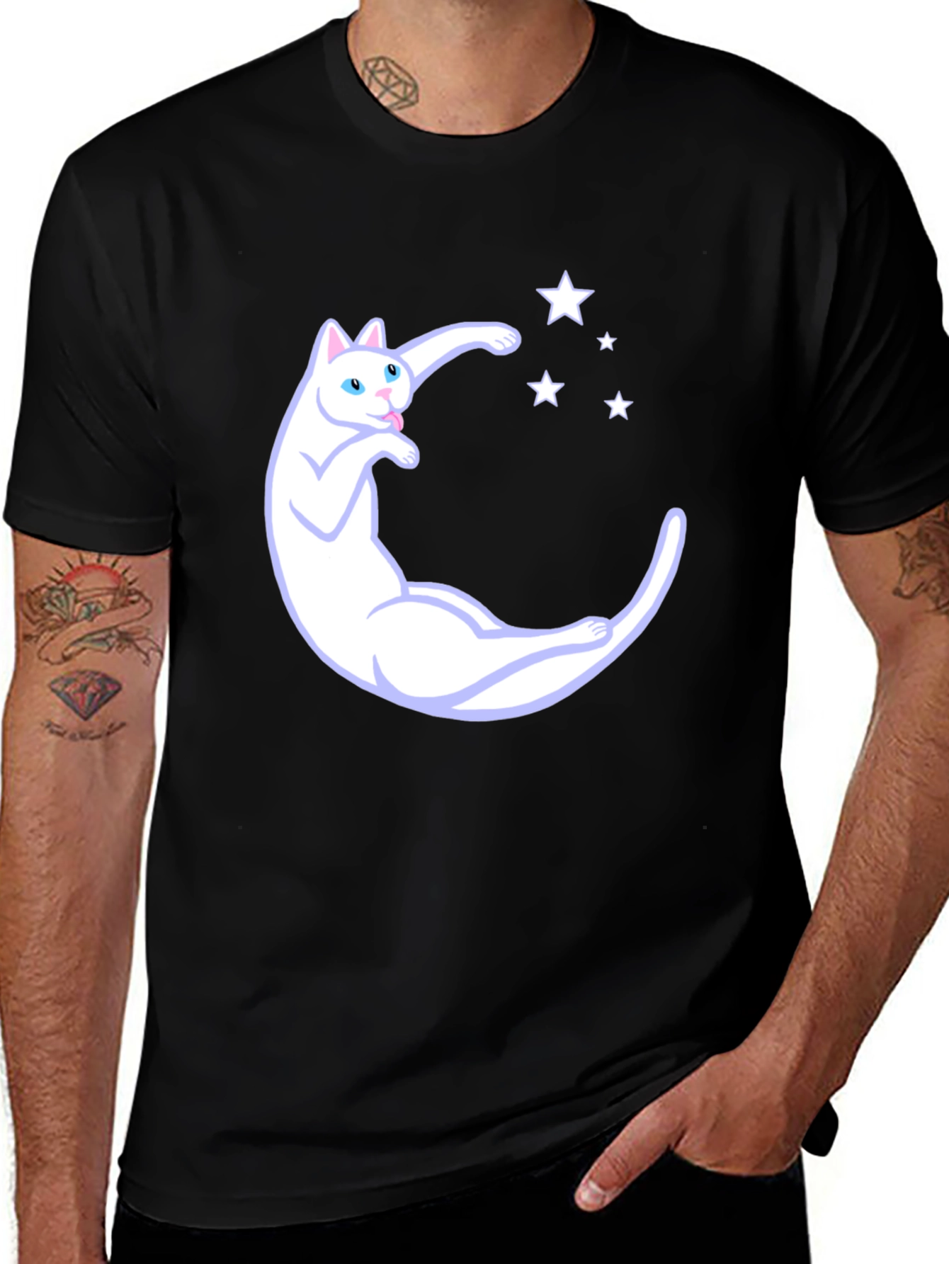 Variant 2 of Cute Cat Moon & Stars Graphic Black T-Shirt