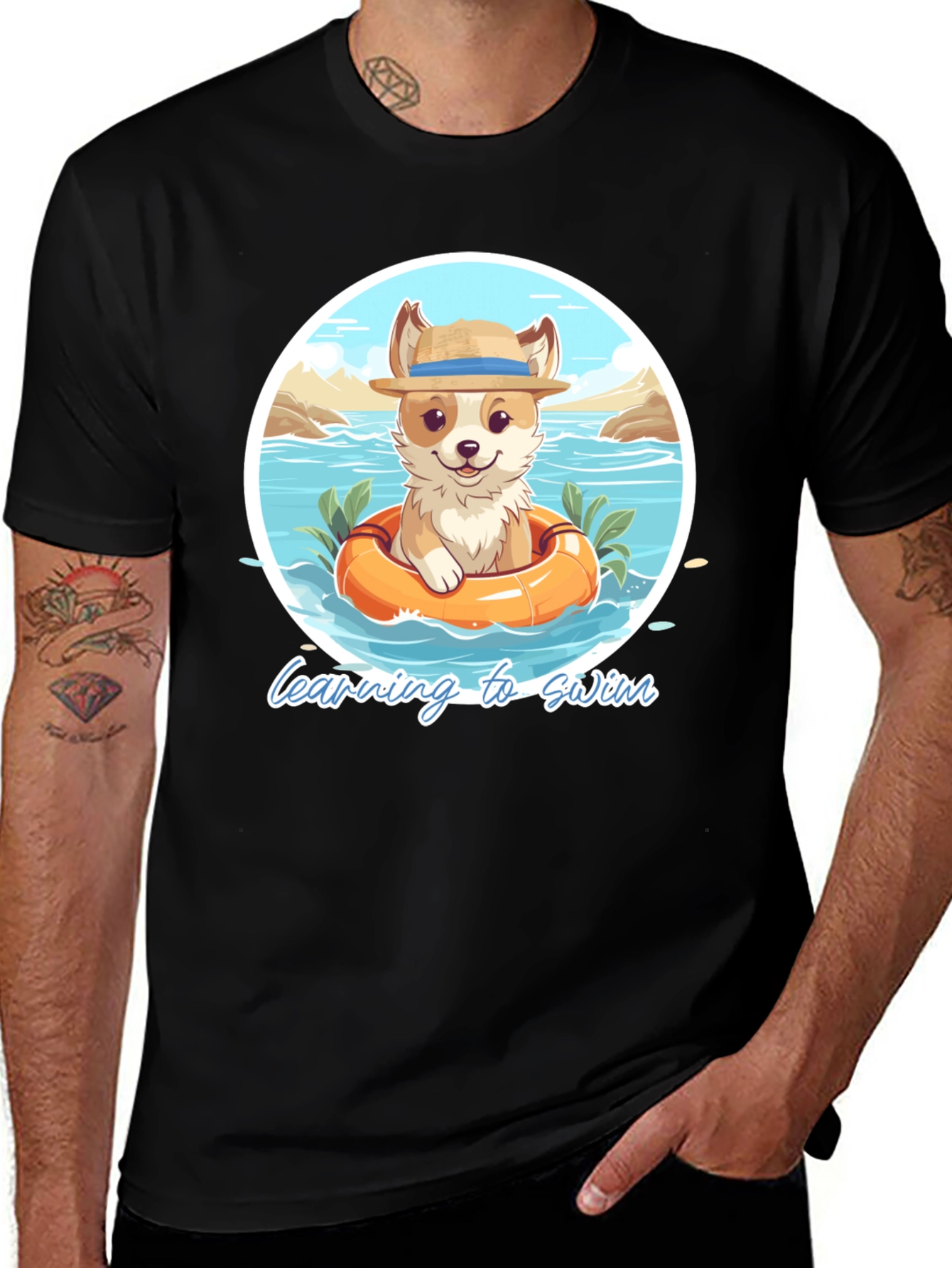 Cute Dog 'Learning to Swim' Graphic T-Shirt