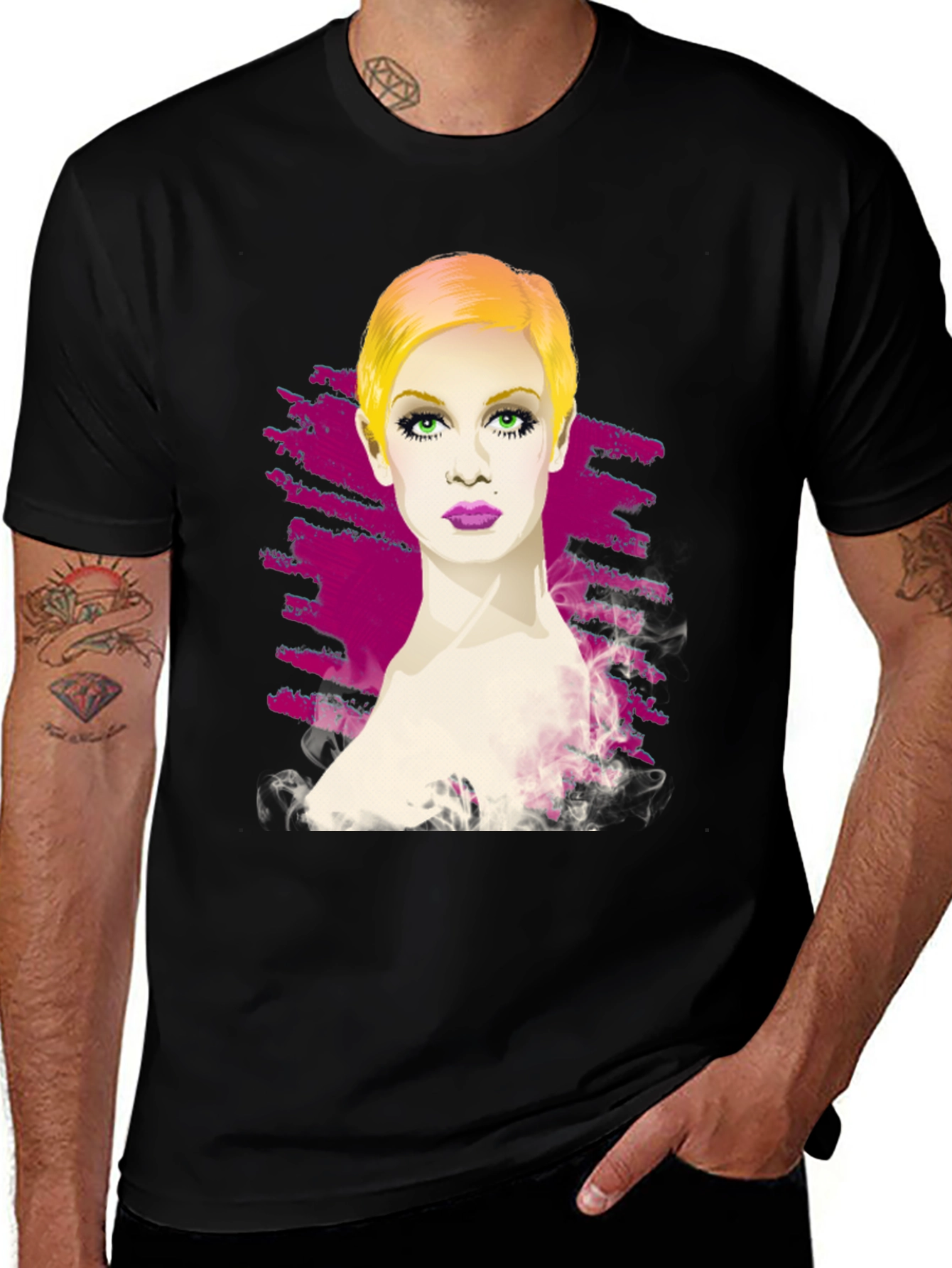 Variant 21 of Twiggy Portrait Graphic Tee - Stylish Black T-Shirt