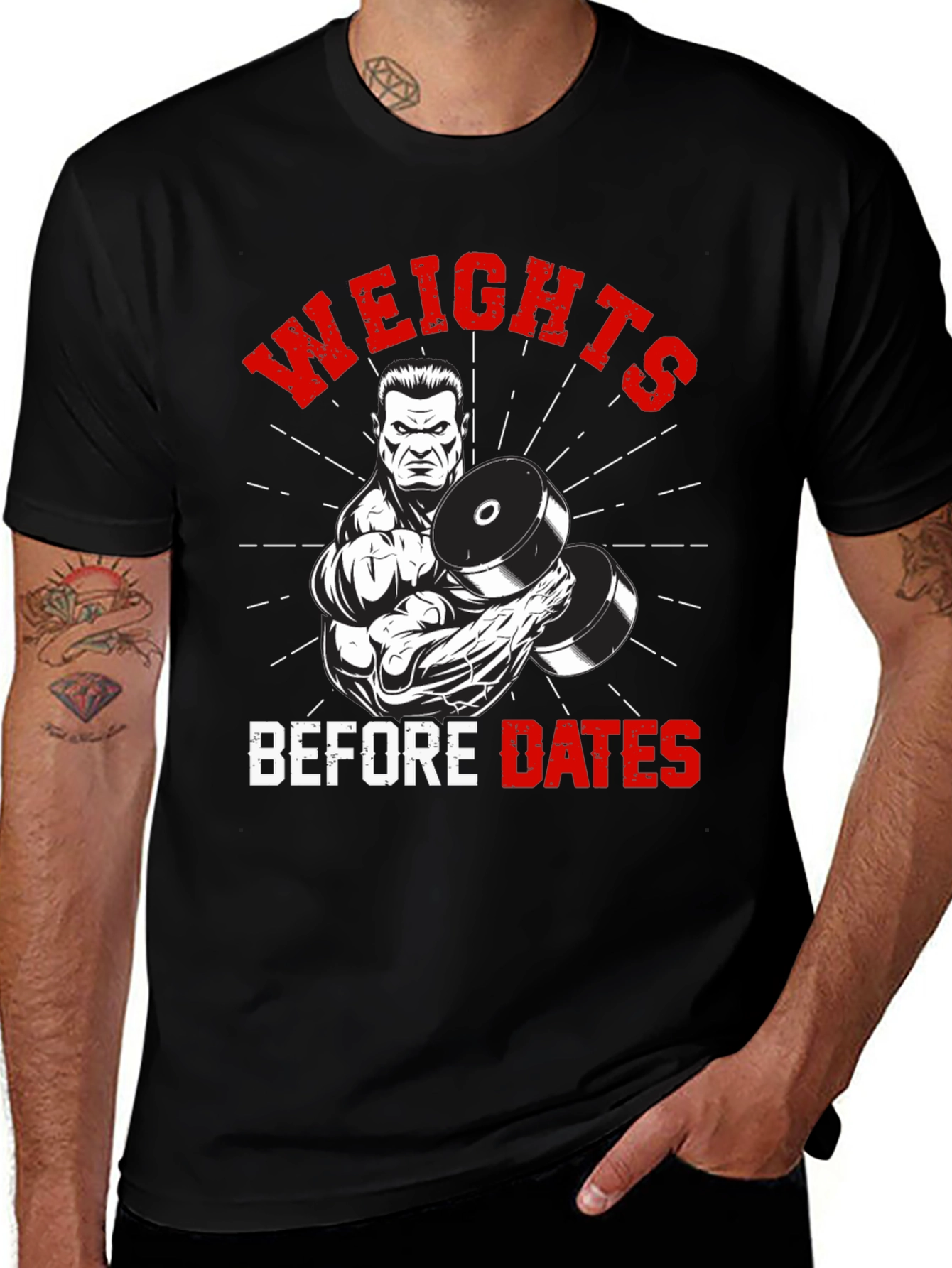 Variant 9 of Weights Before Dates Graphic Tee - Gym Lover T-Shirt