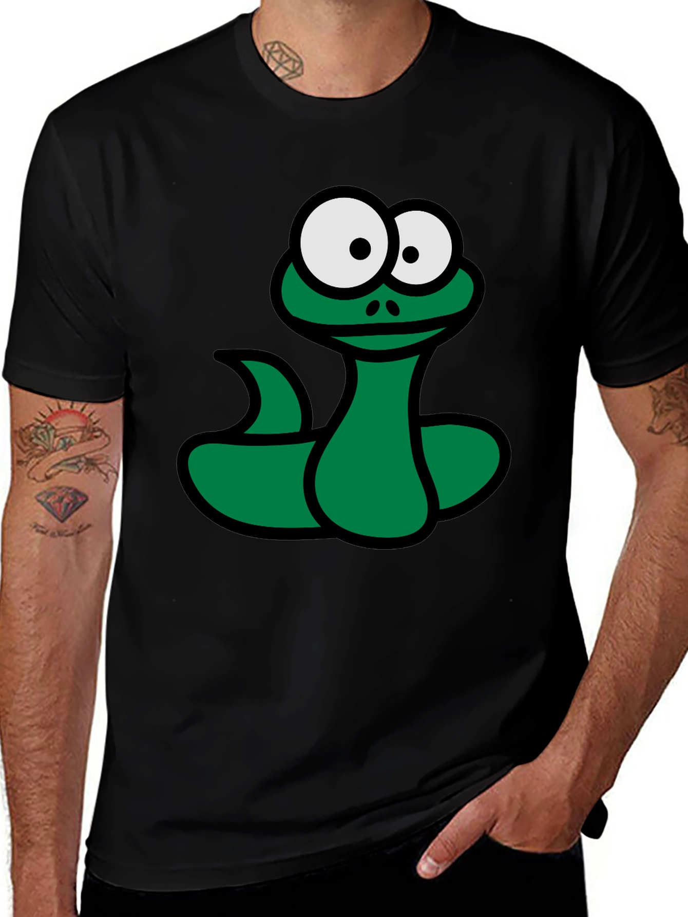 Cartoon Snake Graphic T-Shirt - Black, Fun Design