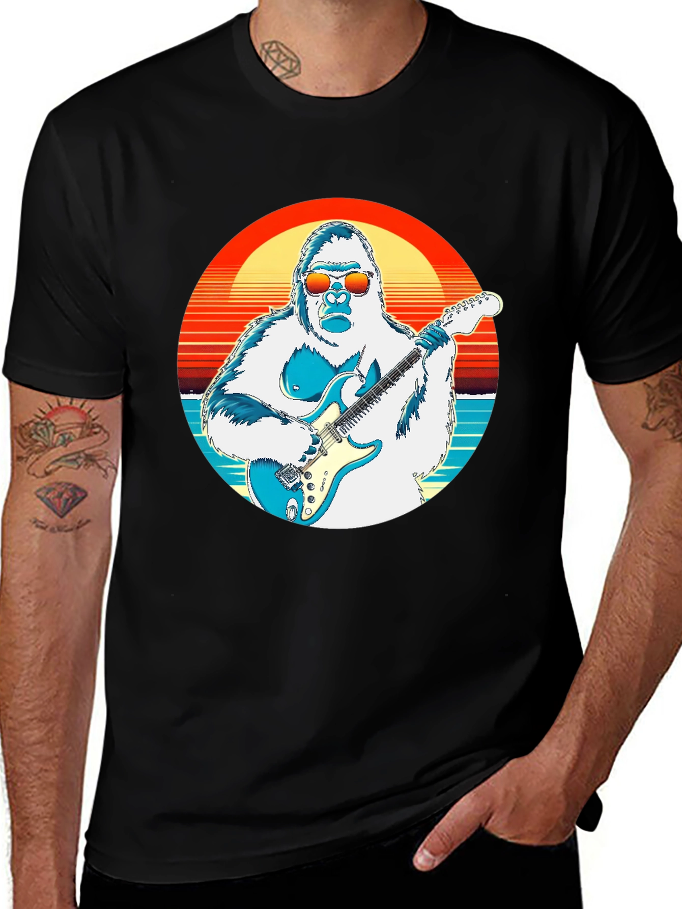 Variant 7 of Cool Gorilla Guitarist Retro Sunset T-Shirt