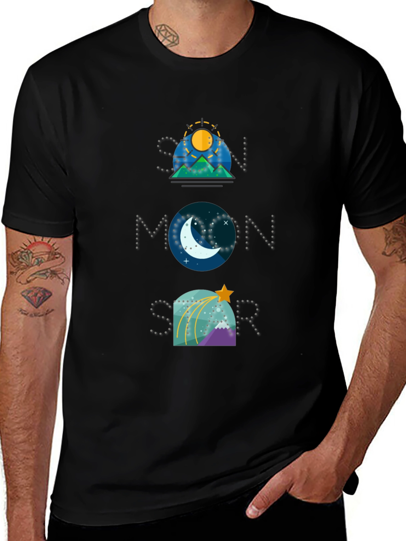 Variant 13 of Sun, Moon, Star Graphic Tee - Black Cotton T-Shirt