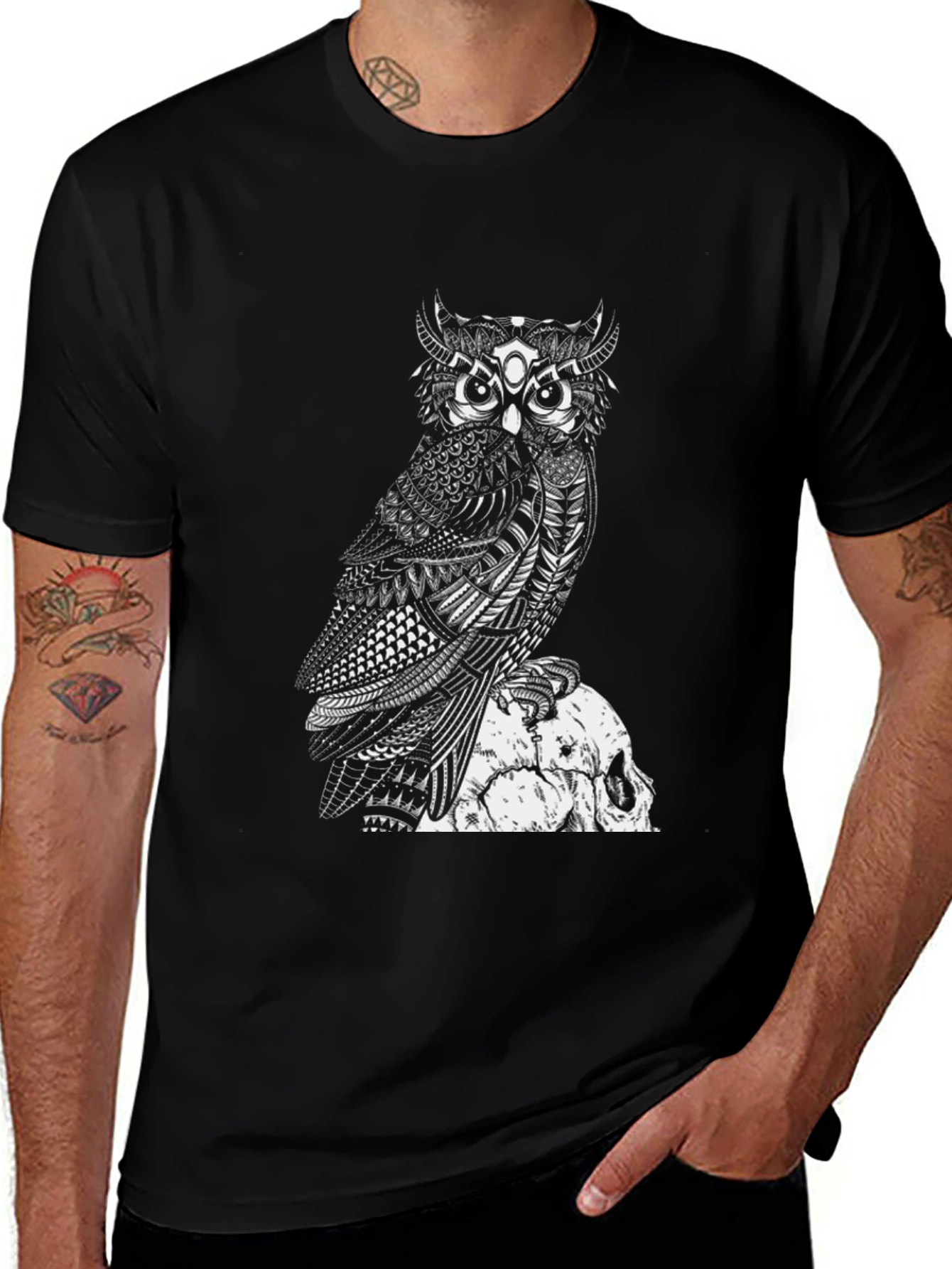 Variant 14 of Owl and Skull Graphic Black T-Shirt
