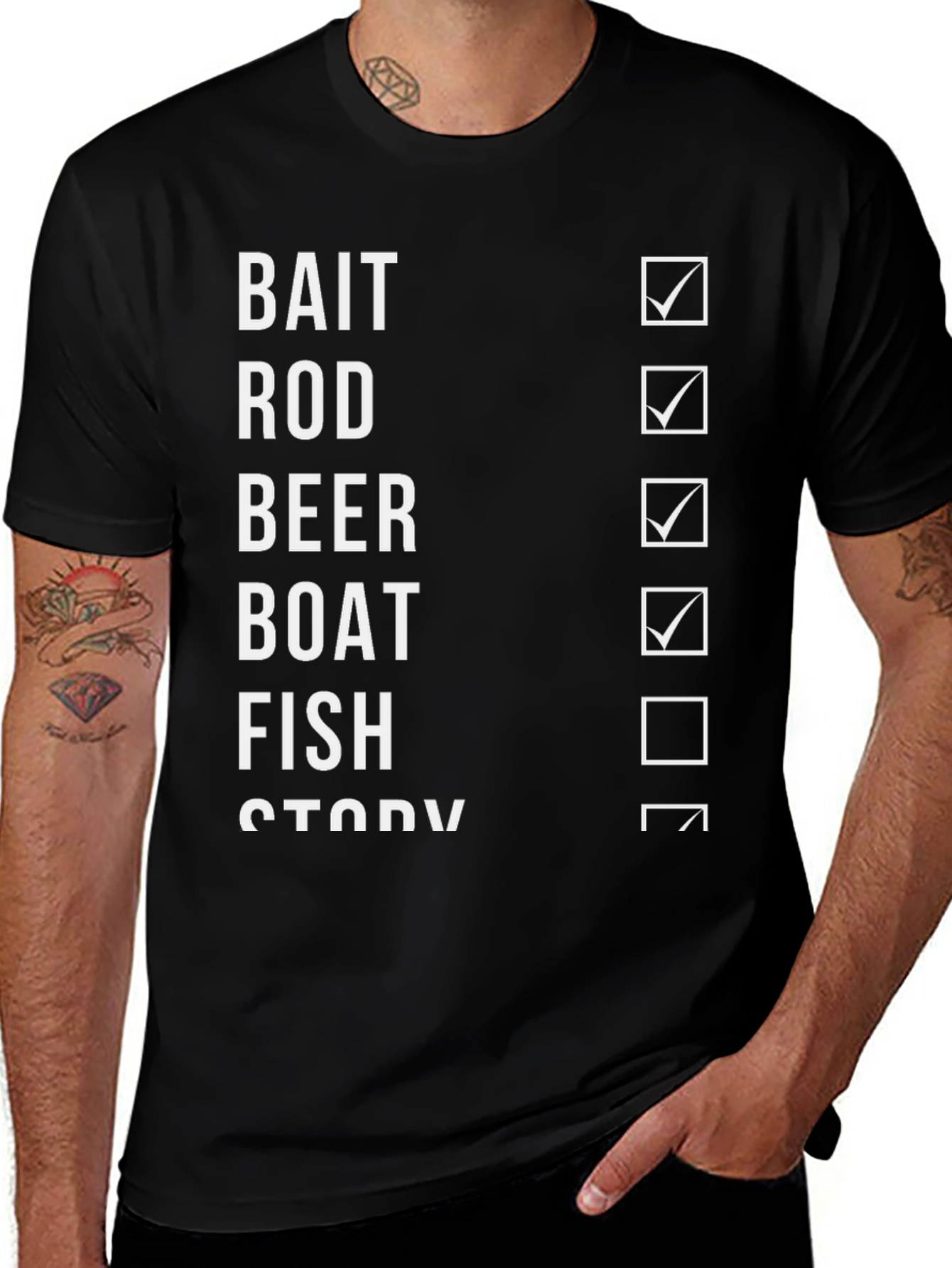 Fishing Checklist T-Shirt - Bait, Rod, Beer, Boat, Fish