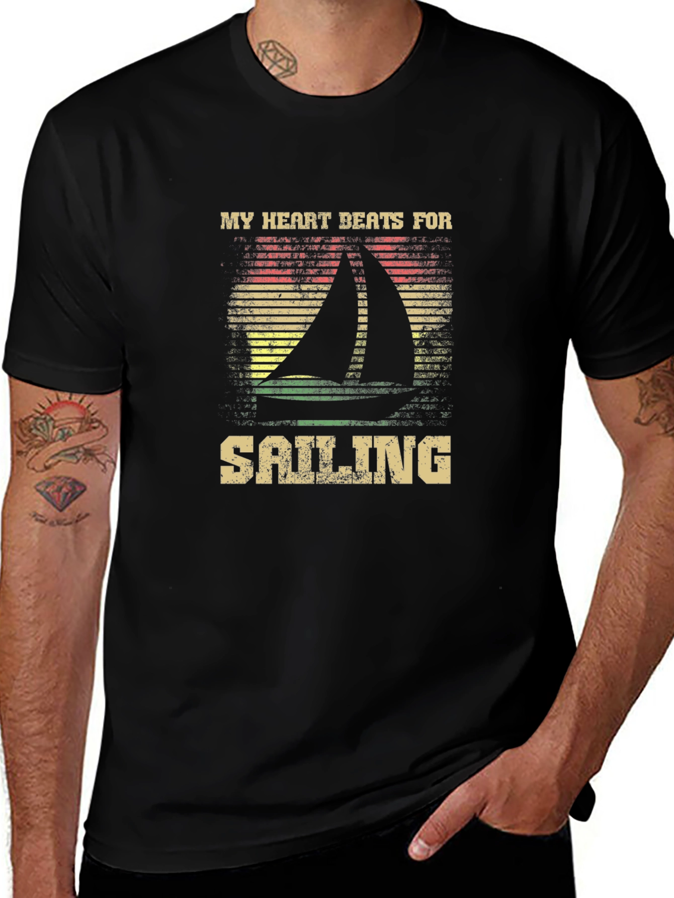 Black Sailing Heartbeat Graphic Tee - Boating Lover T-Shirt main image