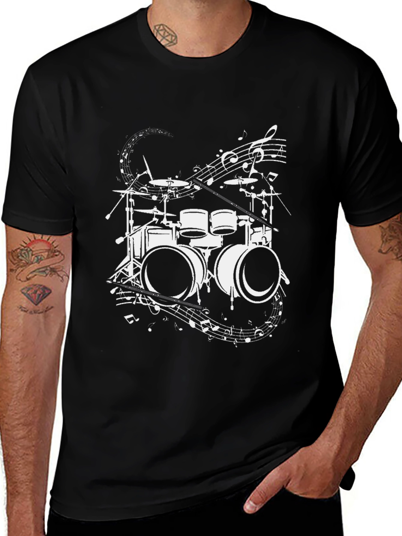 Drum Set & Music Notes Graphic Tee - Black