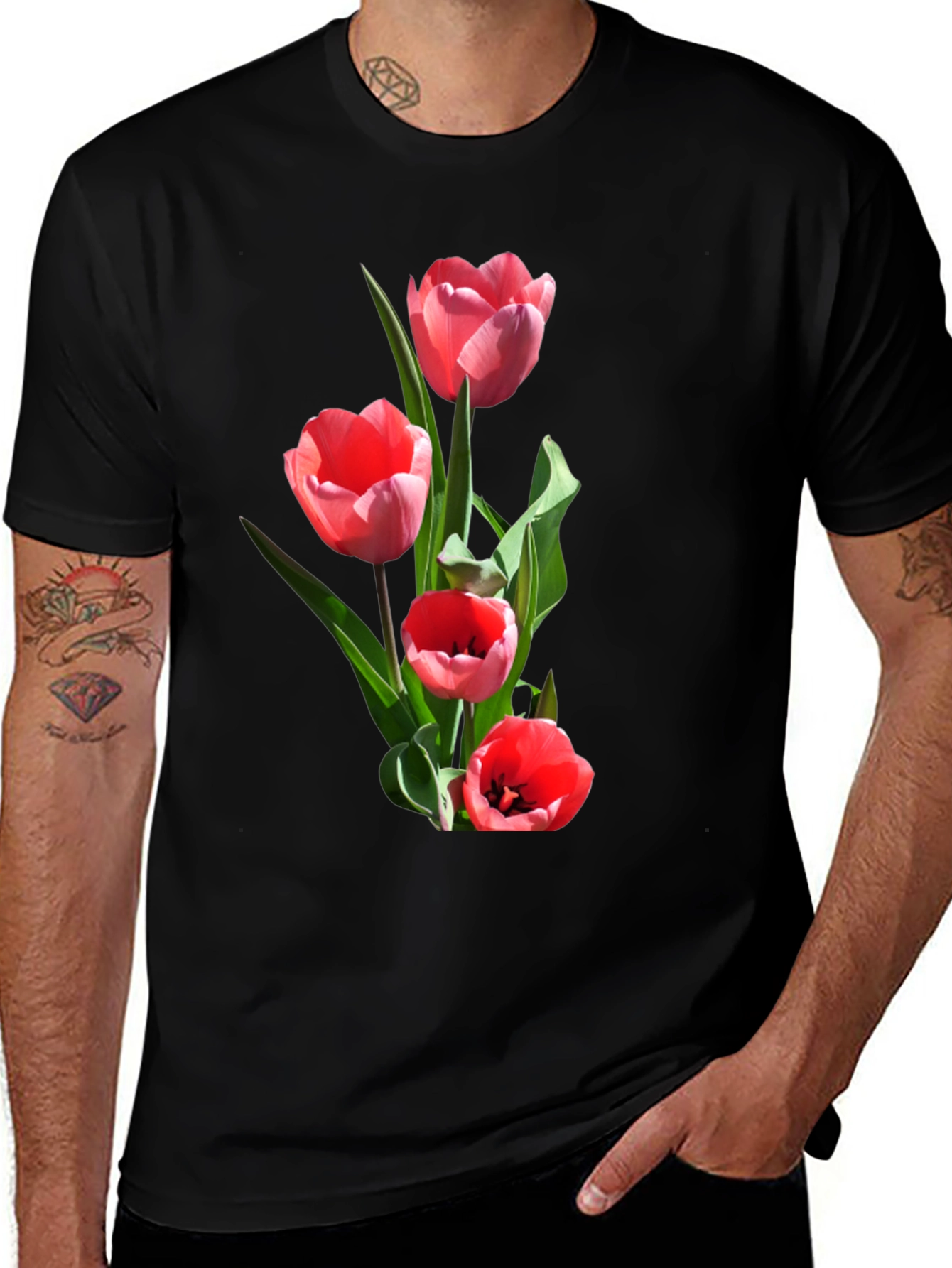 Variant 17 of Floral Tulip Graphic Tee - Black Cotton T-Shirt