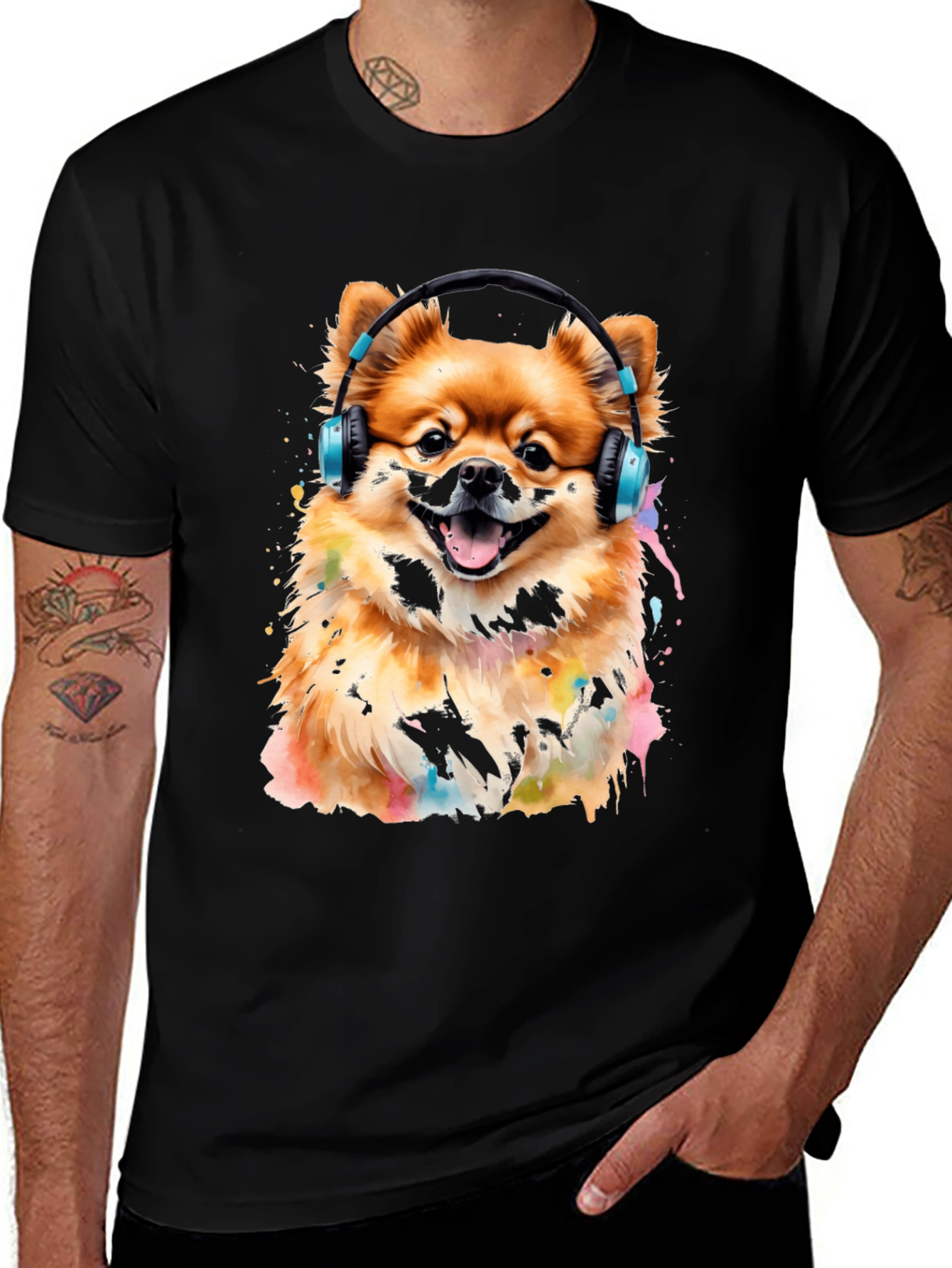 Variant 23 of Dog with Headphones Graphic Tee - Black