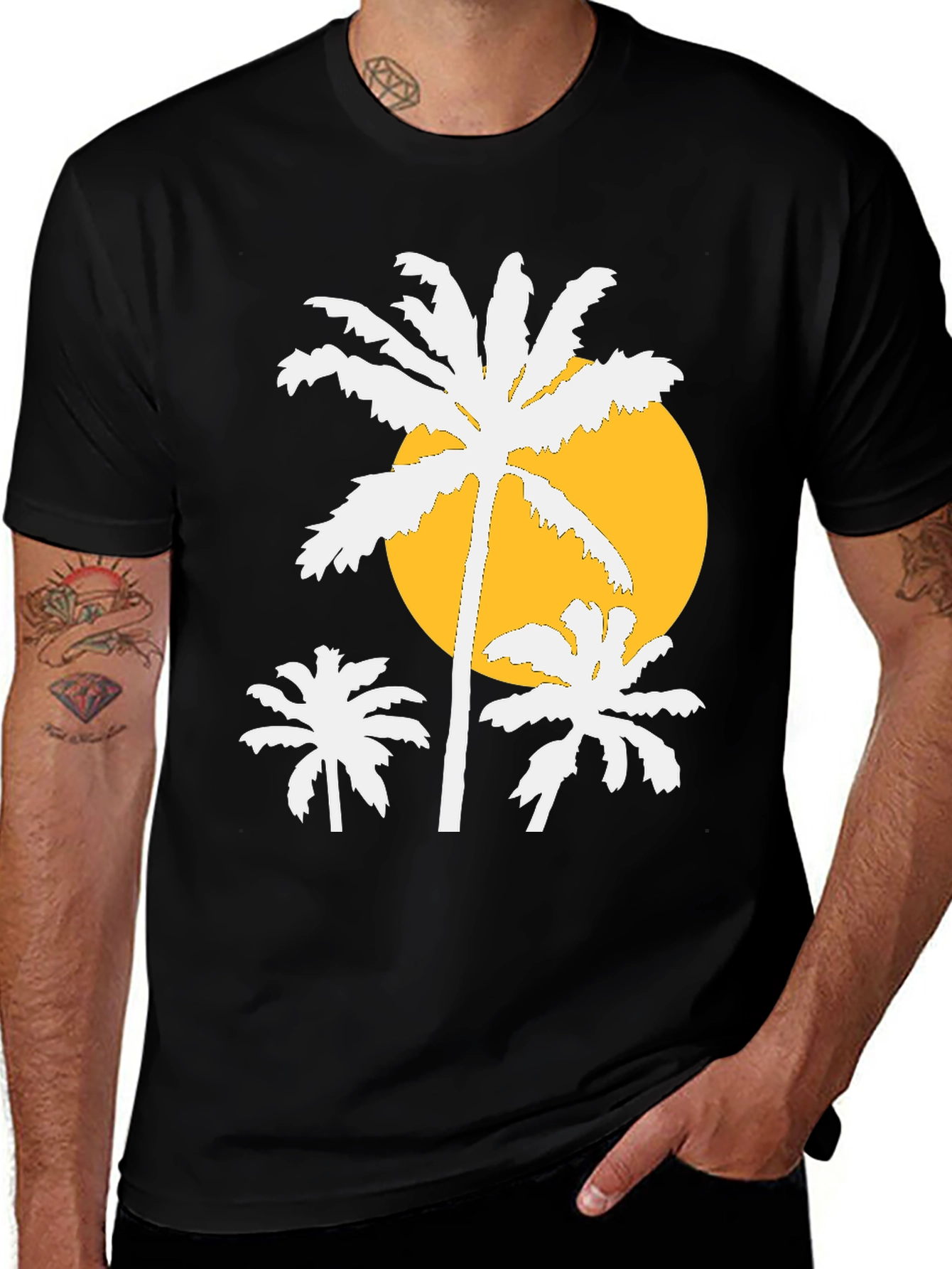 Sunset Palm Tree Graphic Tee - Black