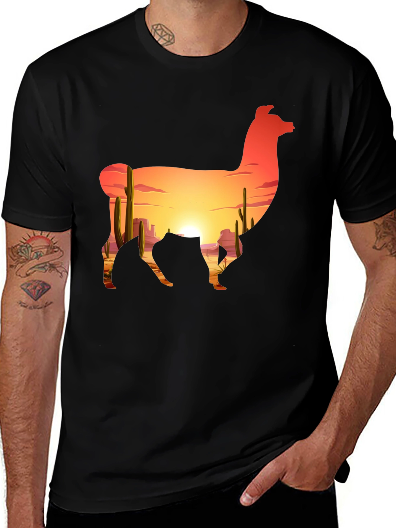 Variant 9 of Llama Desert Sunset Graphic Tee - Black Cotton Blend