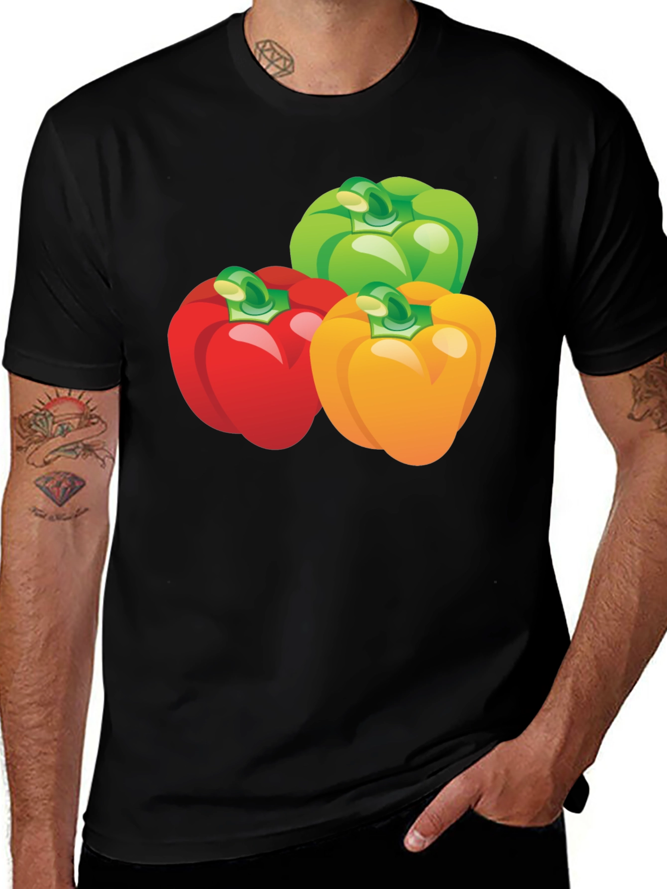 Variant 6 of Colorful Peppers Graphic Tee - Black Cotton T-Shirt