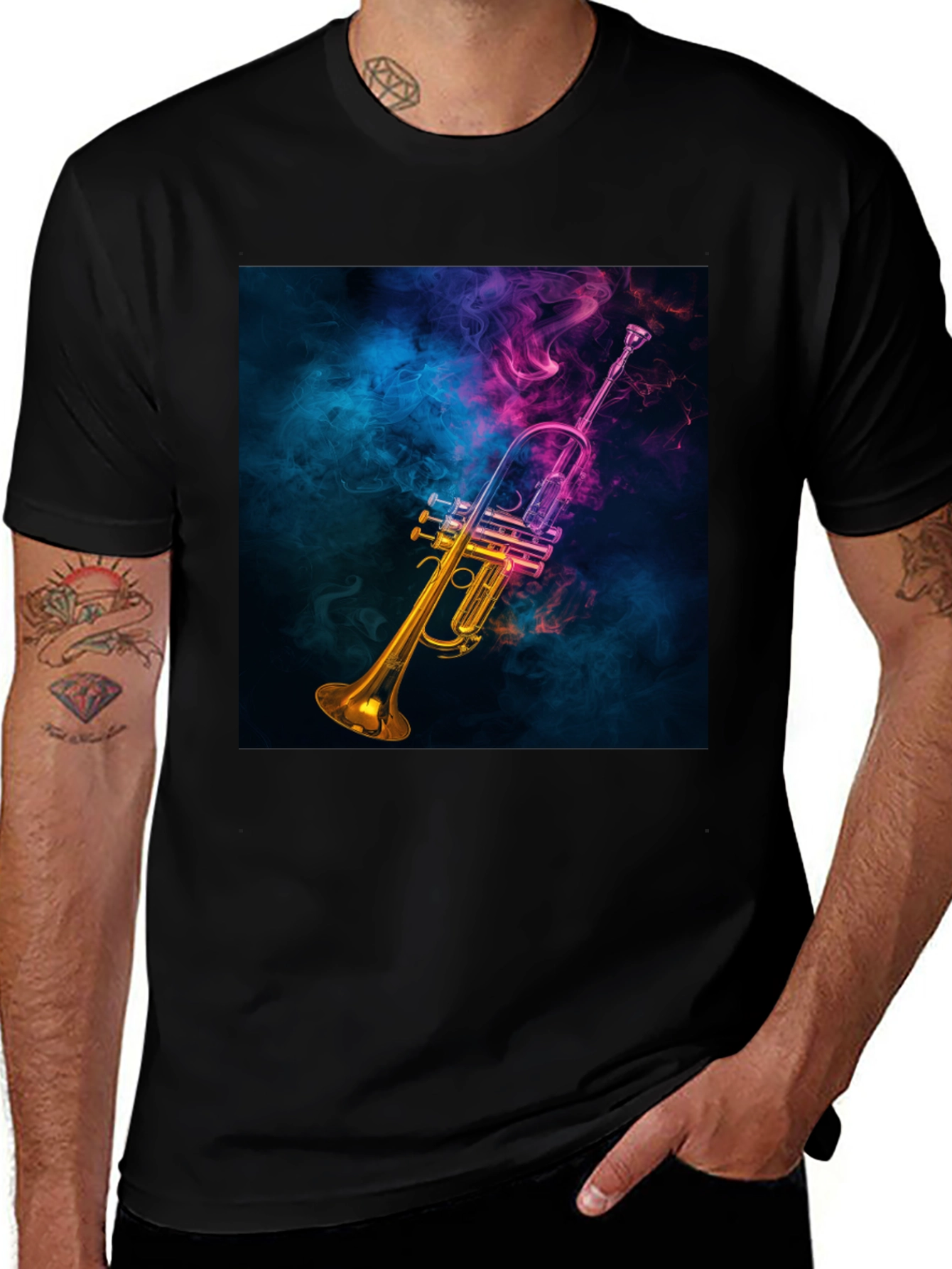 Vibrant Trumpet Graphic Tee - Music Lover's Black T-Shirt