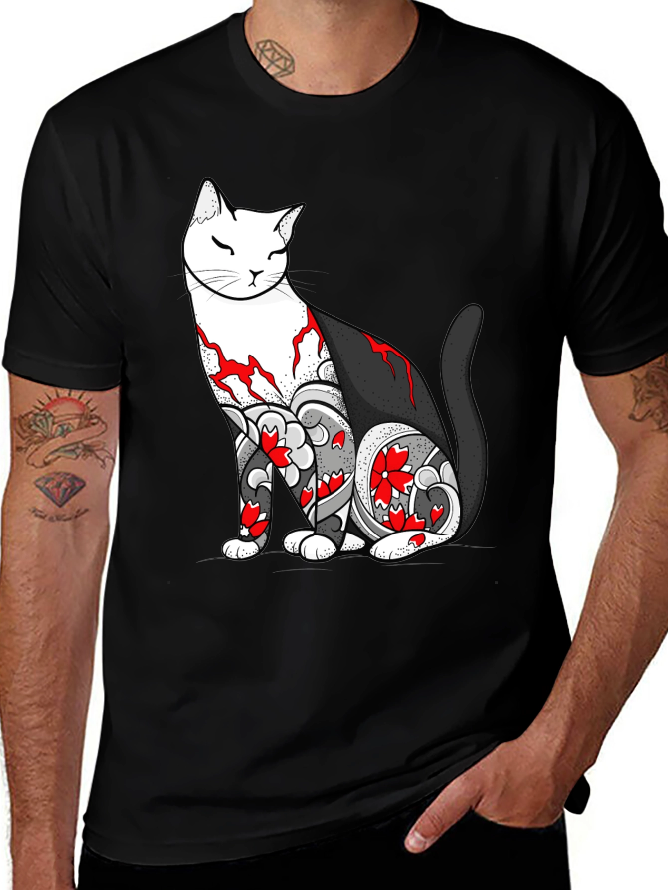 Variant 2 of Cat Tattoo Print Black T-Shirt