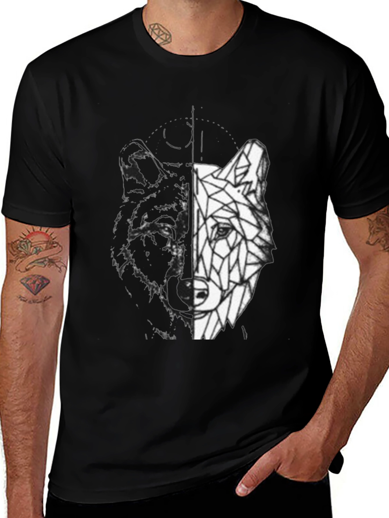 Variant 6 of Geometric Wolf Graphic Print Black T-Shirt