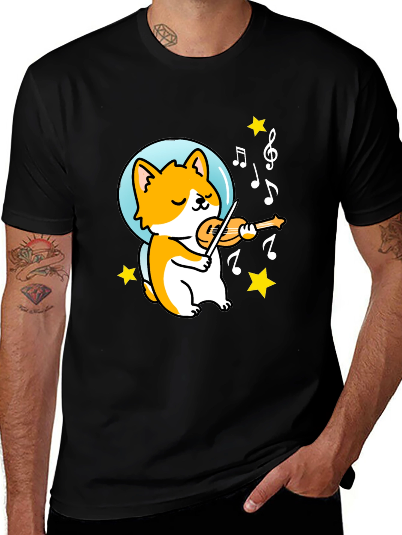 Variant 15 of Musical Corgi Graphic Tee - Black Cotton T-Shirt