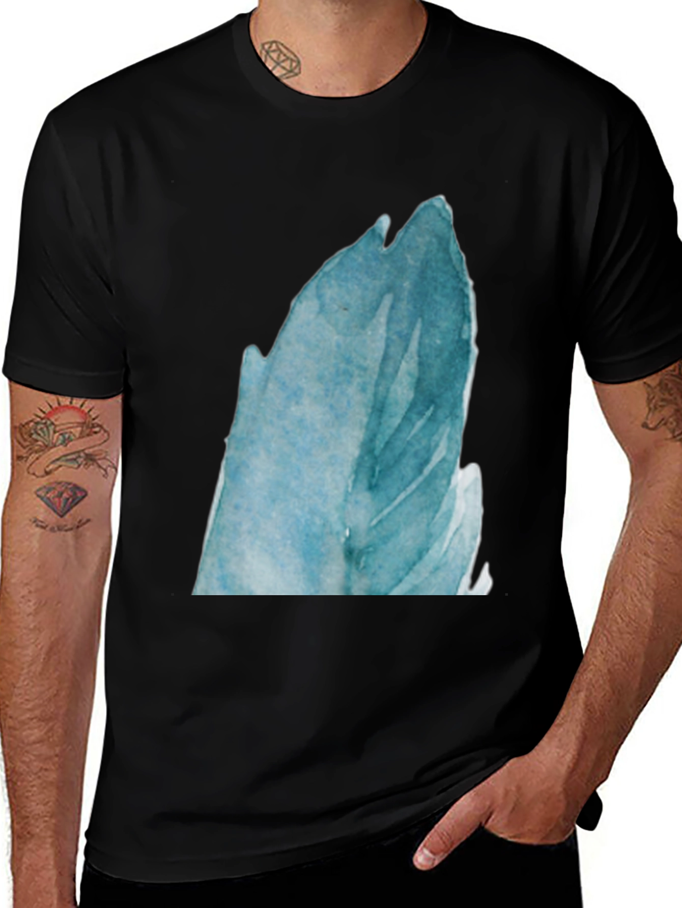Abstract Blue Feather Print Black T-Shirt