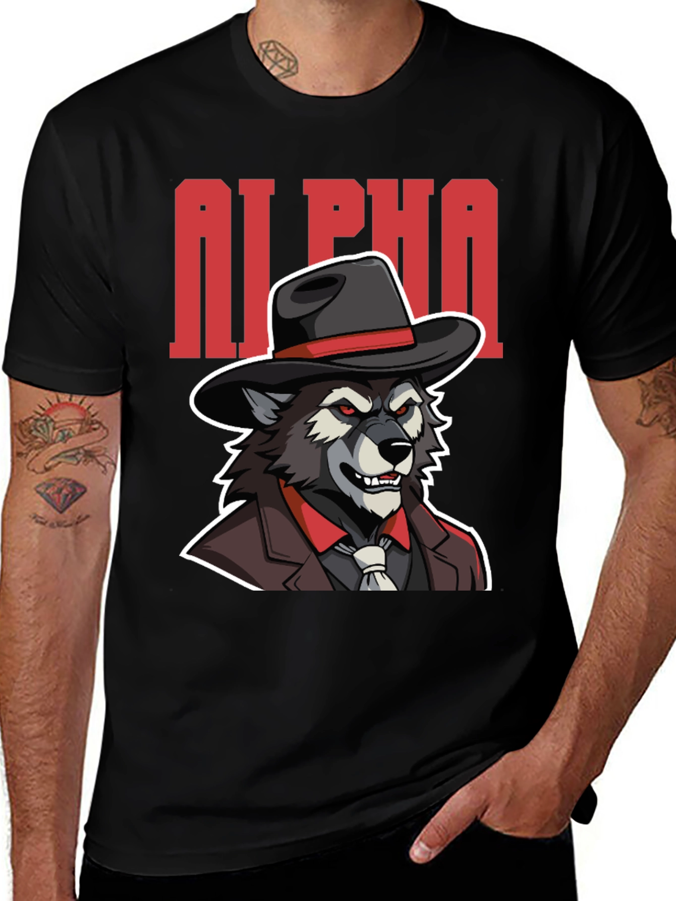 Variant 30 of Alpha Wolf Gangster Graphic Tee - Black