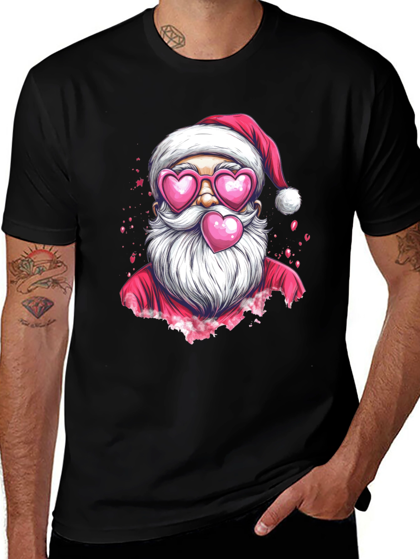 Santa with Heart Glasses Black T-Shirt