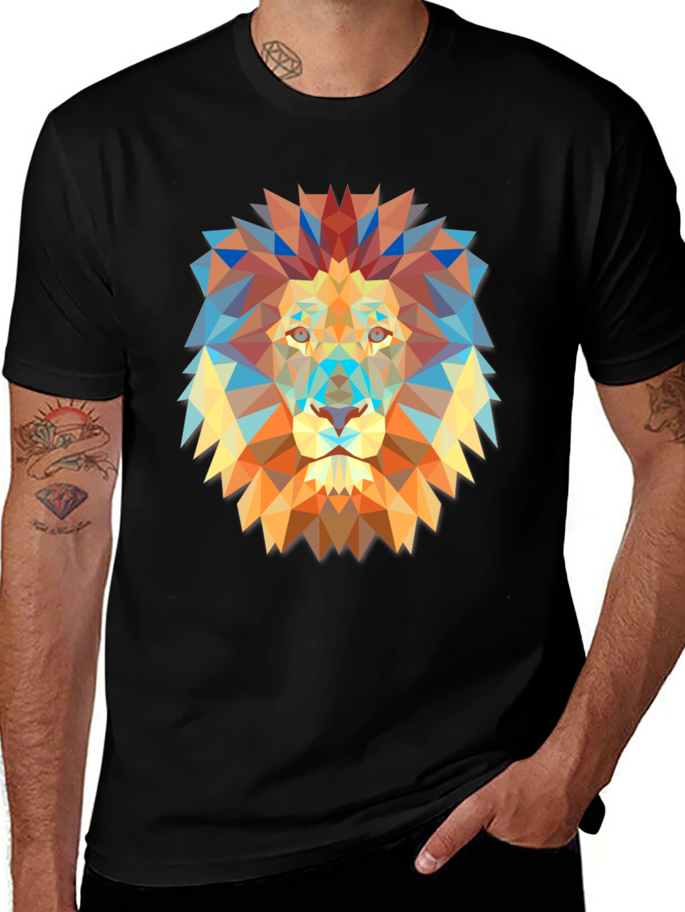 Variant 11 of Geometric Lion Graphic Print Black T-Shirt