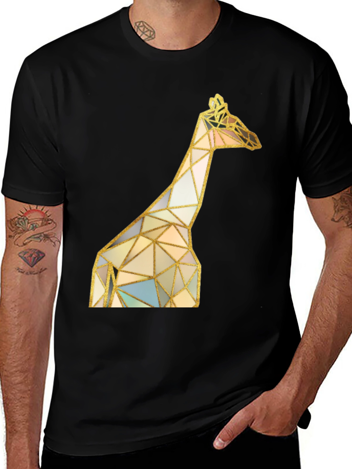 Variant 5 of Geometric Giraffe Print Black T-Shirt