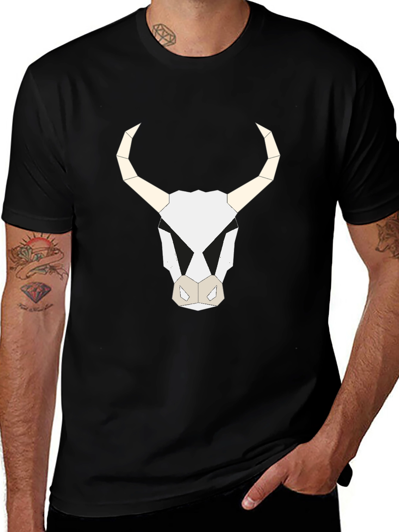 Variant 23 of Geometric Bull Skull Graphic Tee - Black