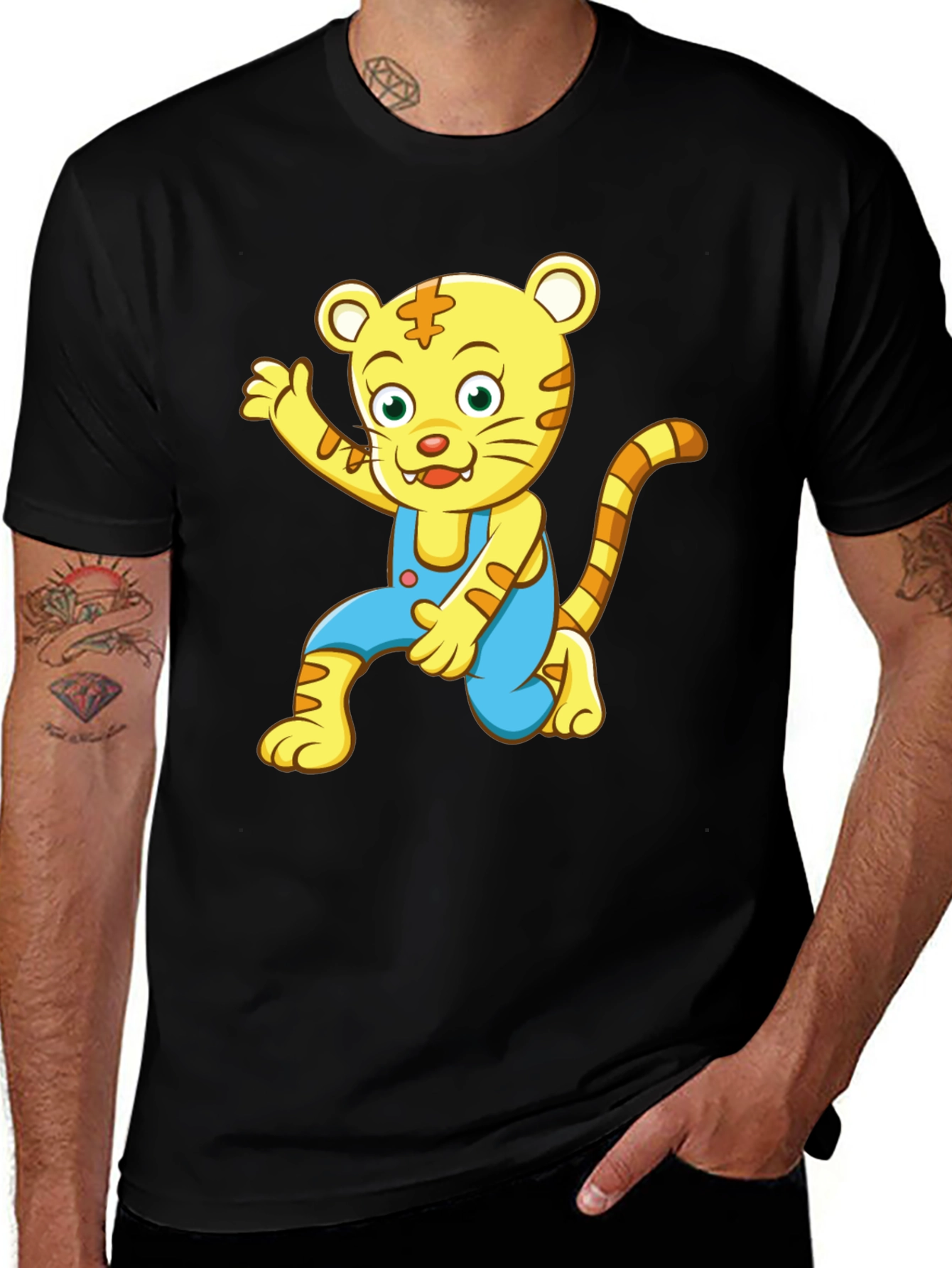 Cartoon Tiger Graphic Tee - Black Cotton Blend