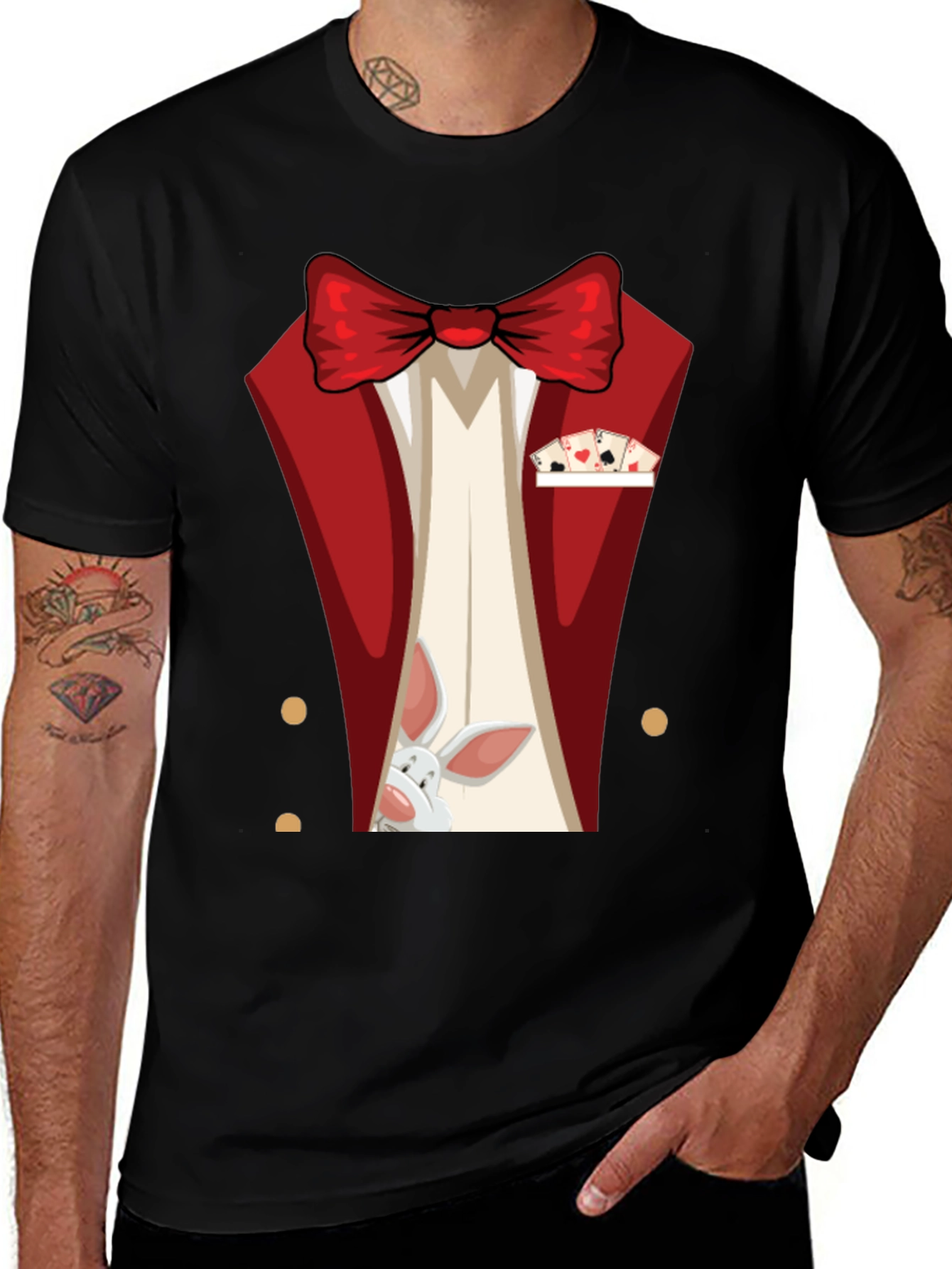 Magician Tuxedo T-Shirt with Rabbit & Card Design
