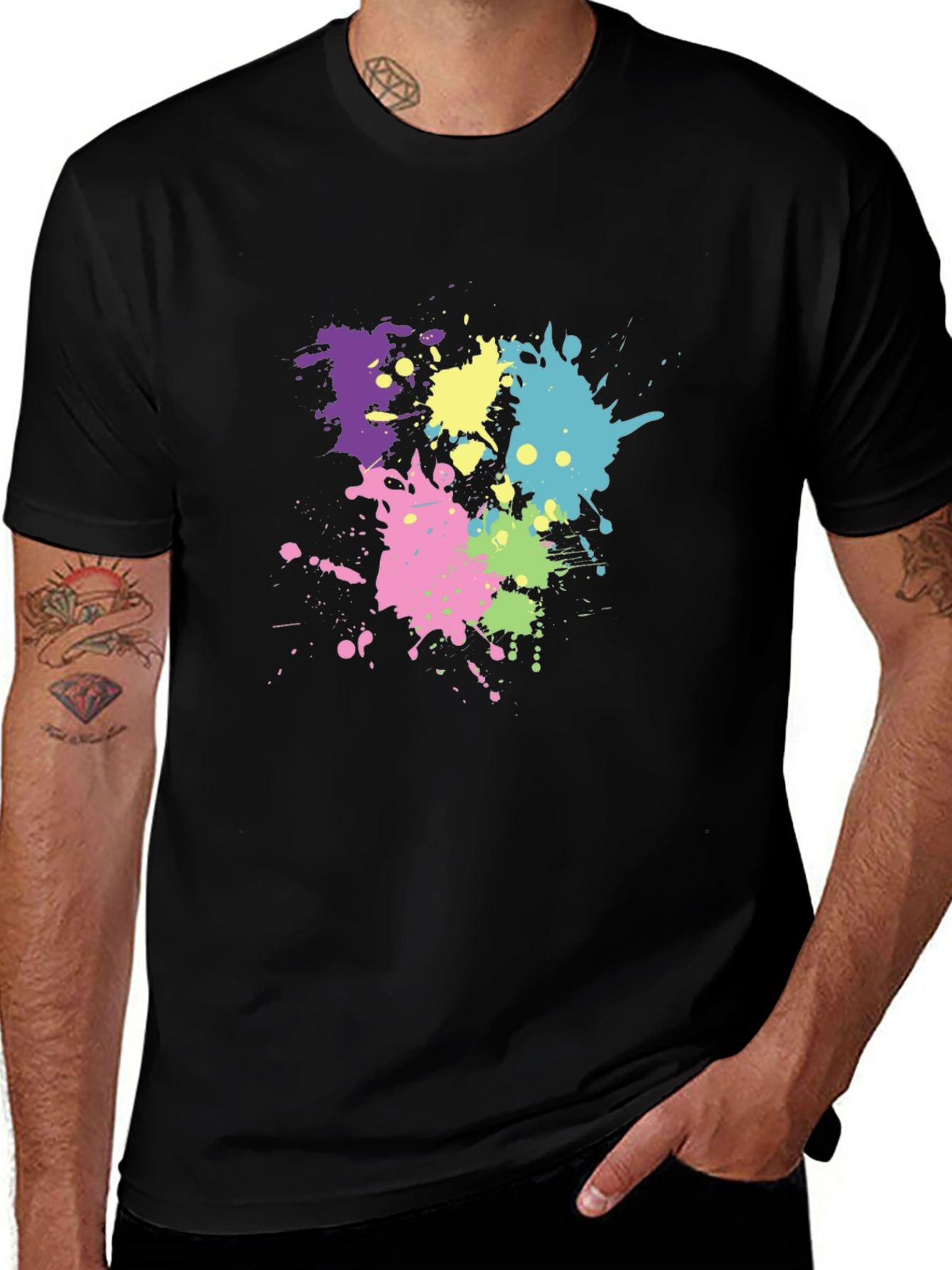 Black Men's Black T-Shirt with Colorful Paint Splatter Design main image
