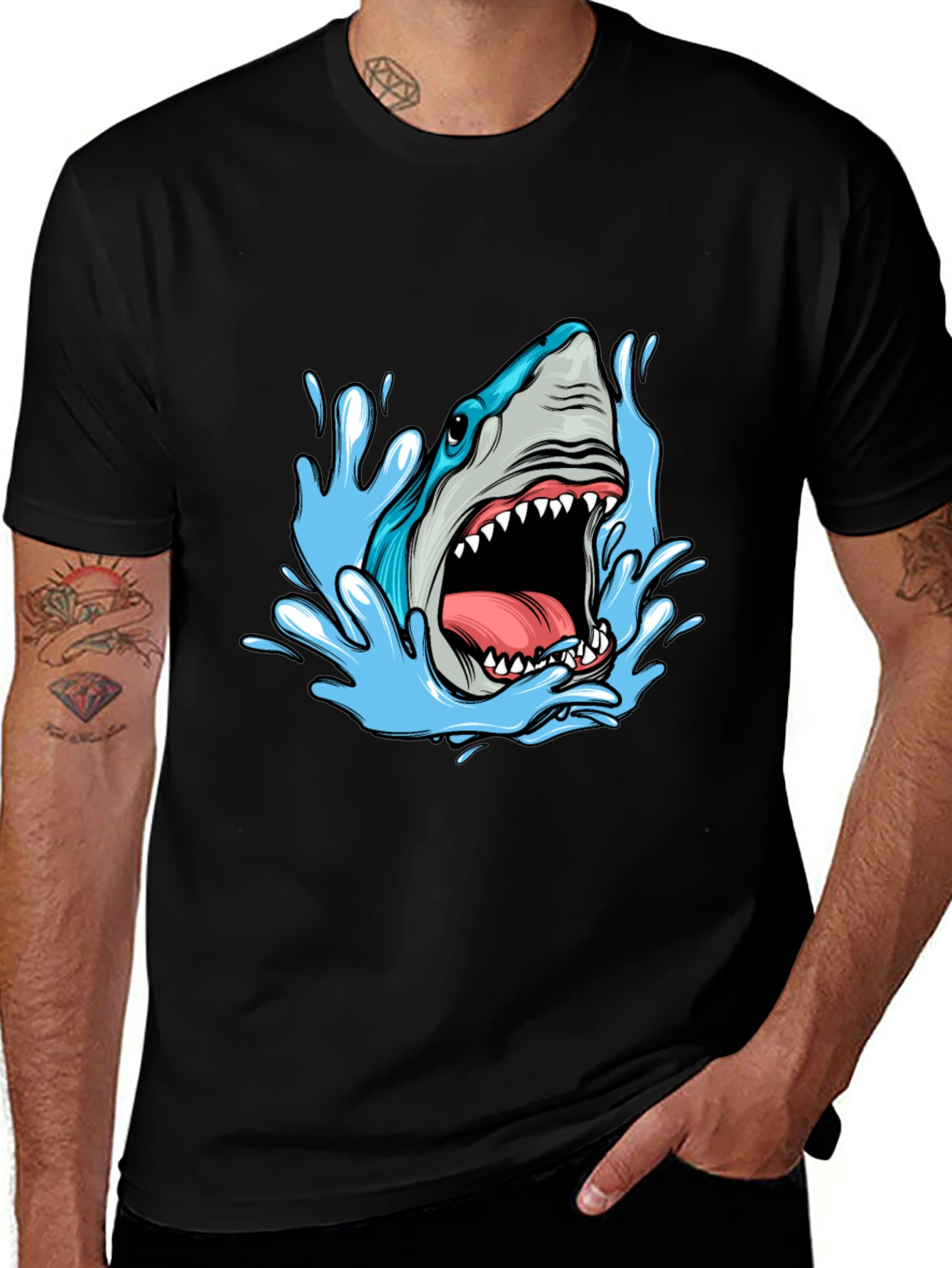 Variant 23 of Shark Attack Graphic Tee - Black Cotton T-Shirt