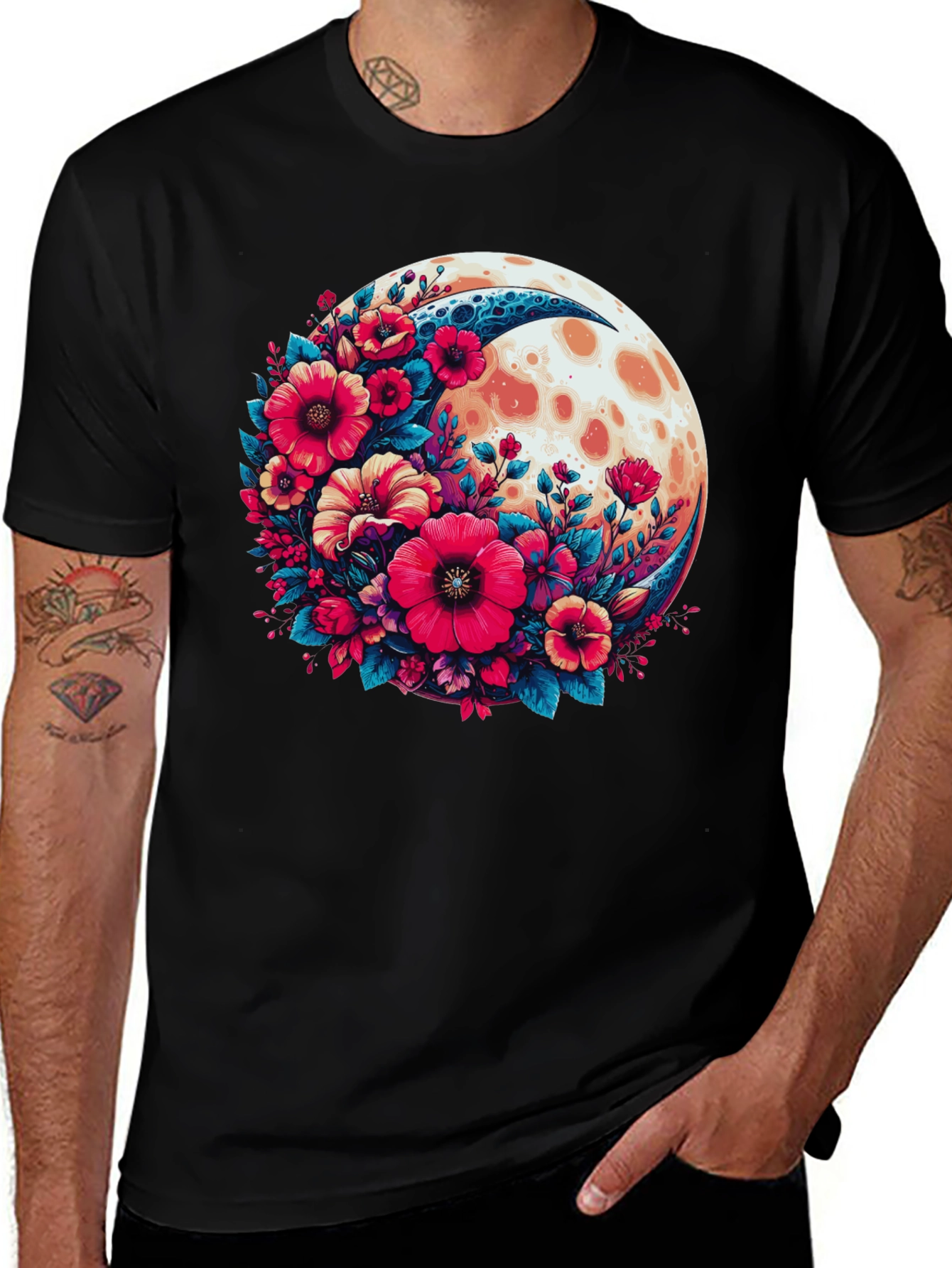 Variant 16 of Floral Moon Graphic Tee - Stylish Black Cotton T-Shirt
