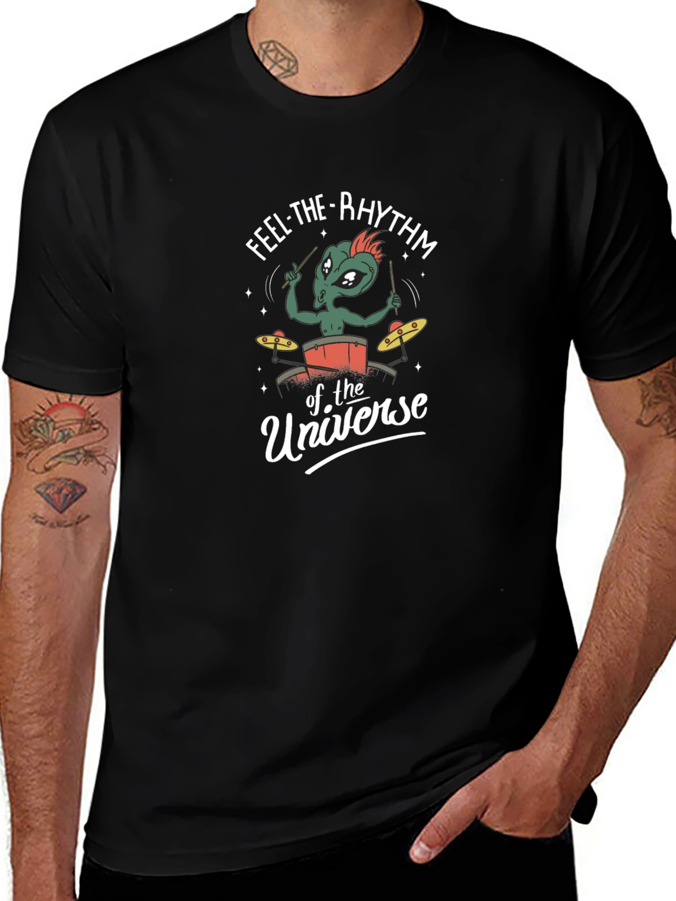 Feel The Rhythm Universe Alien Drummer Black T-Shirt