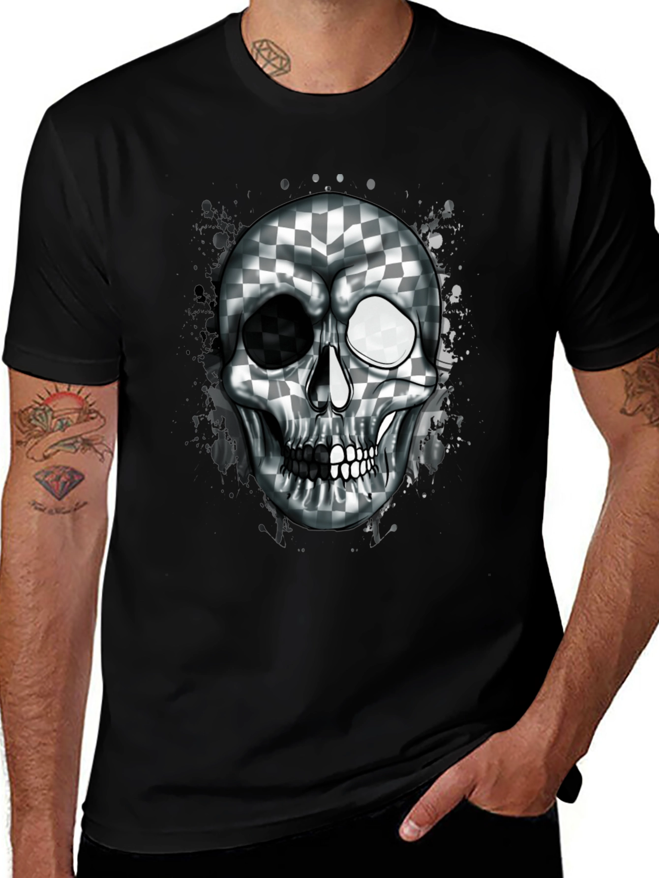 Variant 5 of Checkered Skull Graphic Tee - Black